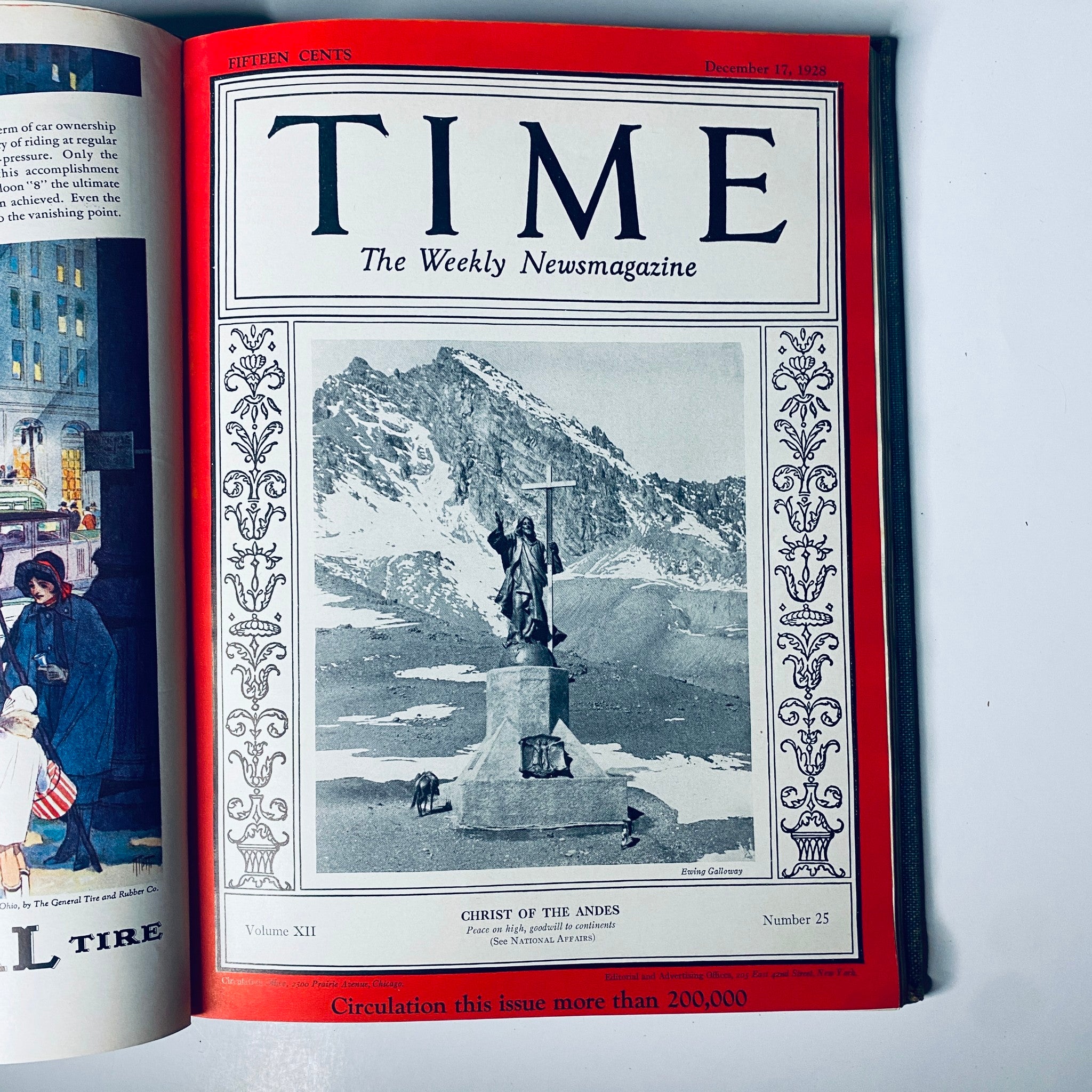Time Magazine Bound Weekly July 2, 1928 - December 31, 1928 Emperor Hirohito, displaying the issue from December 17, 1928 titled 'Christ of the Andes' highlighting a statue in a mountainous landscape.