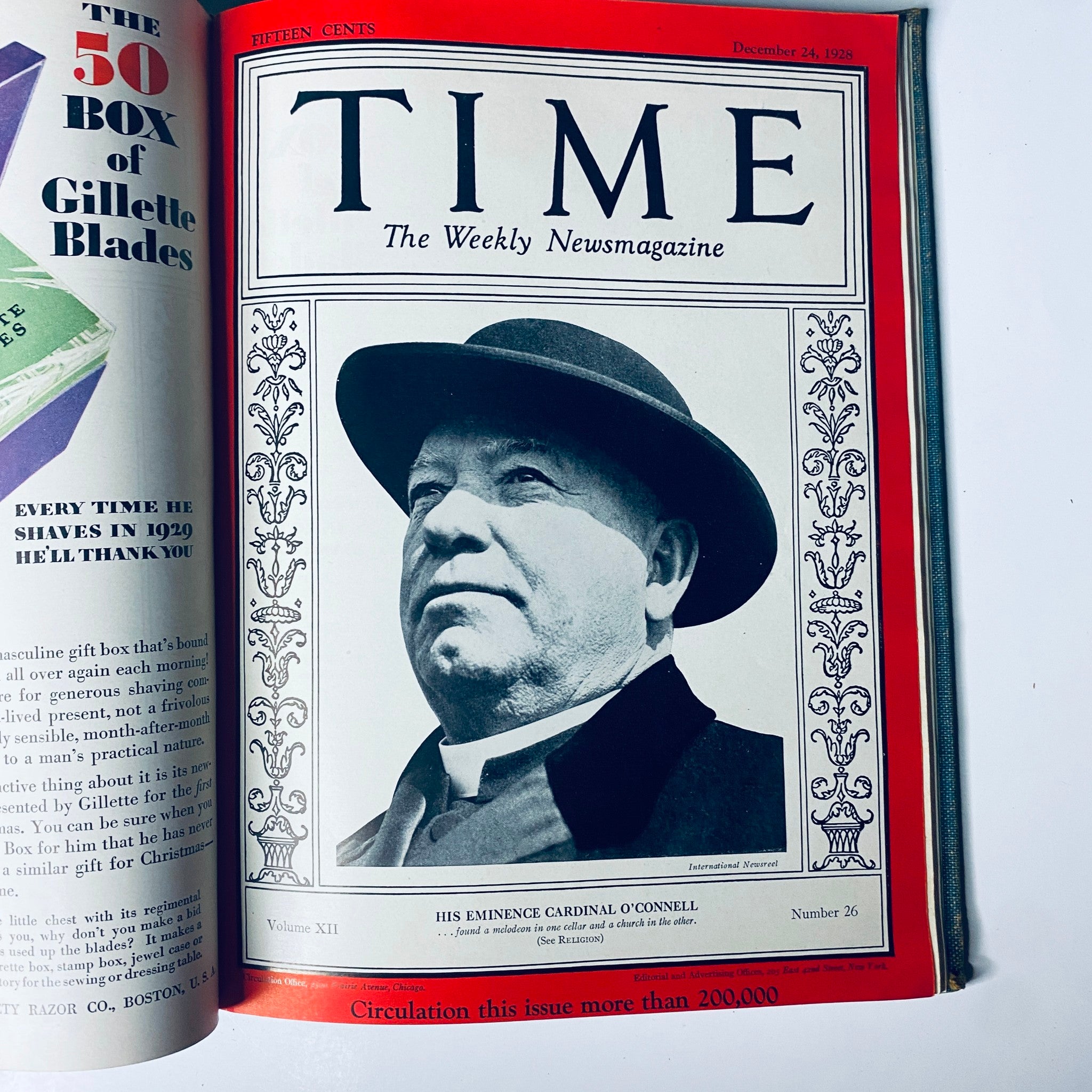 Time Magazine Bound Weekly July 2, 1928 - December 31, 1928 Emperor Hirohito, illustrating the issue from December 24, 1928 featuring 'His Eminence Cardinal O'Connell' with a portrait of a man in a hat.