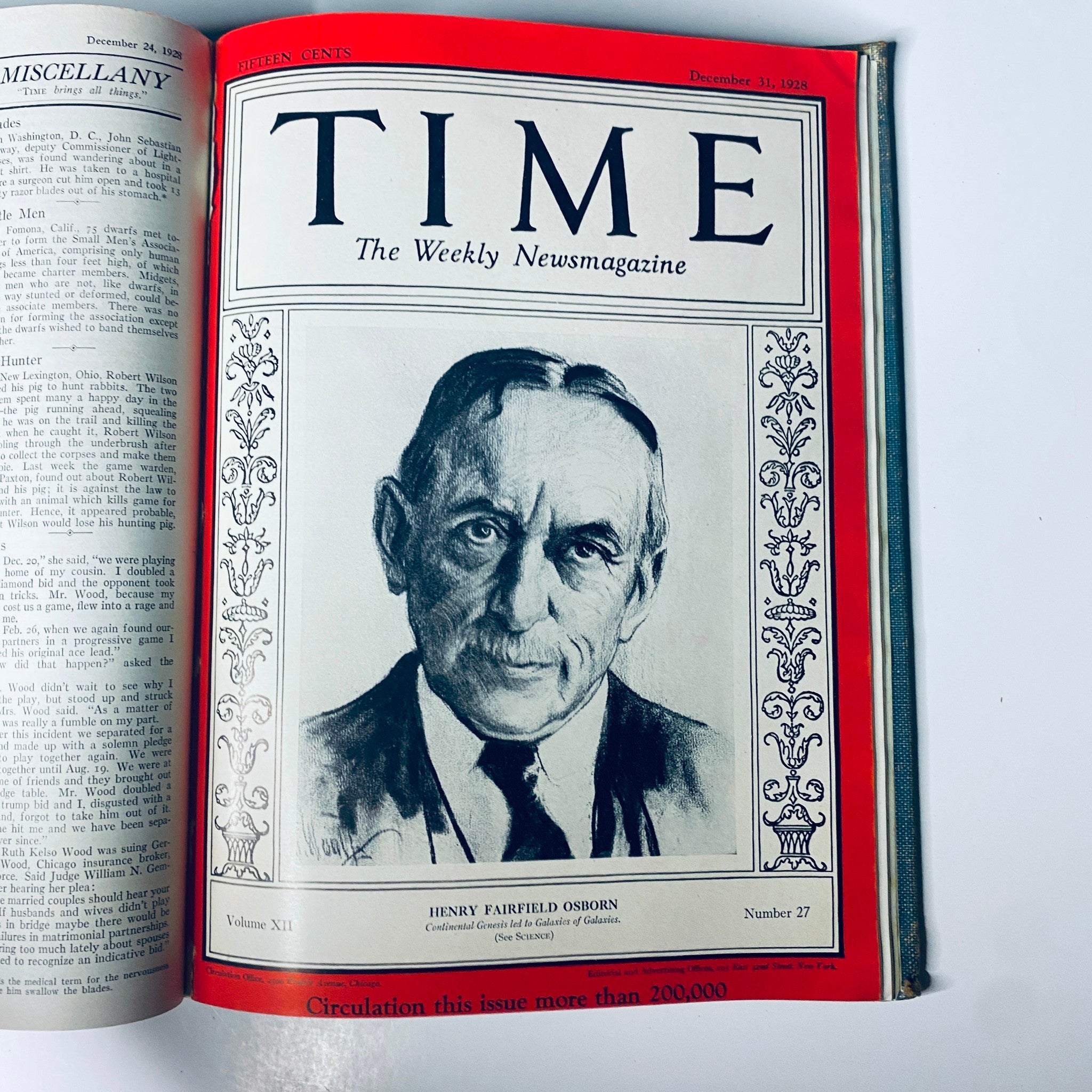 Time Magazine Bound Weekly July 2, 1928 - December 31, 1928 Emperor Hirohito, presenting the issue from December 31, 1928 titled 'Henry Fairfield Osborn' with a portrait of Henry Fairfield Osborn.