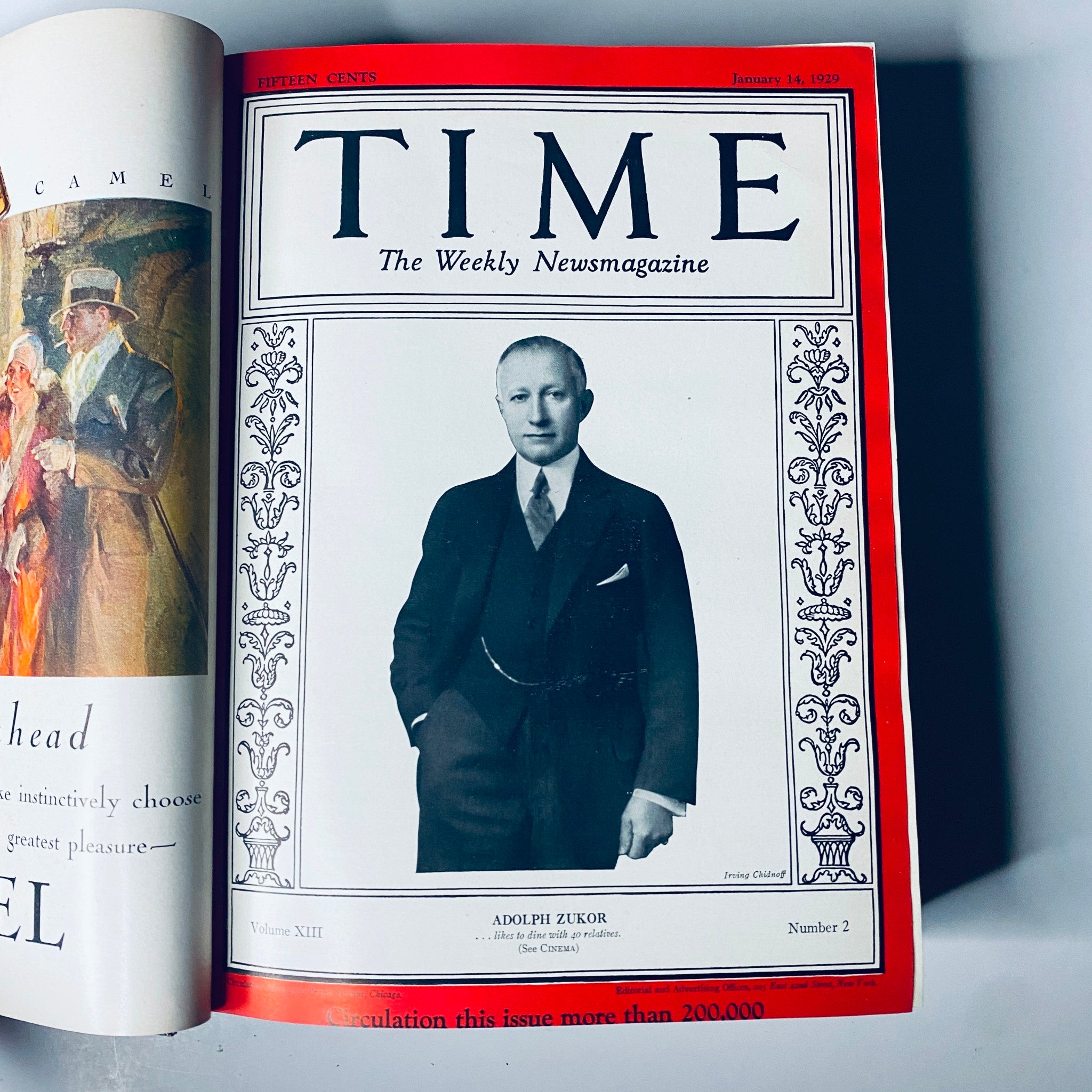 Time Magazine Bound Weekly January 7, 1929 - June 24, 1929 featuring a black and white portrait of Adolph Zukor, Volume XIII, Number 2.