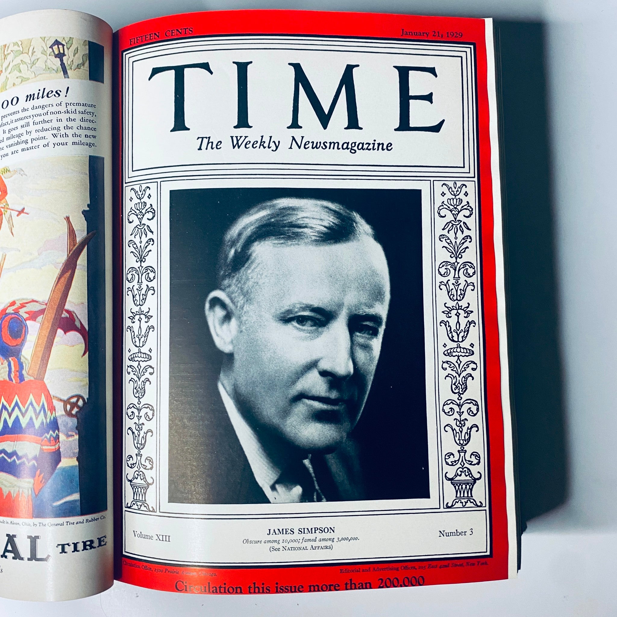 Time Magazine Bound Weekly January 7, 1929 - June 24, 1929 showcasing James Simpson's portrait, Volume XIII, Number 3.