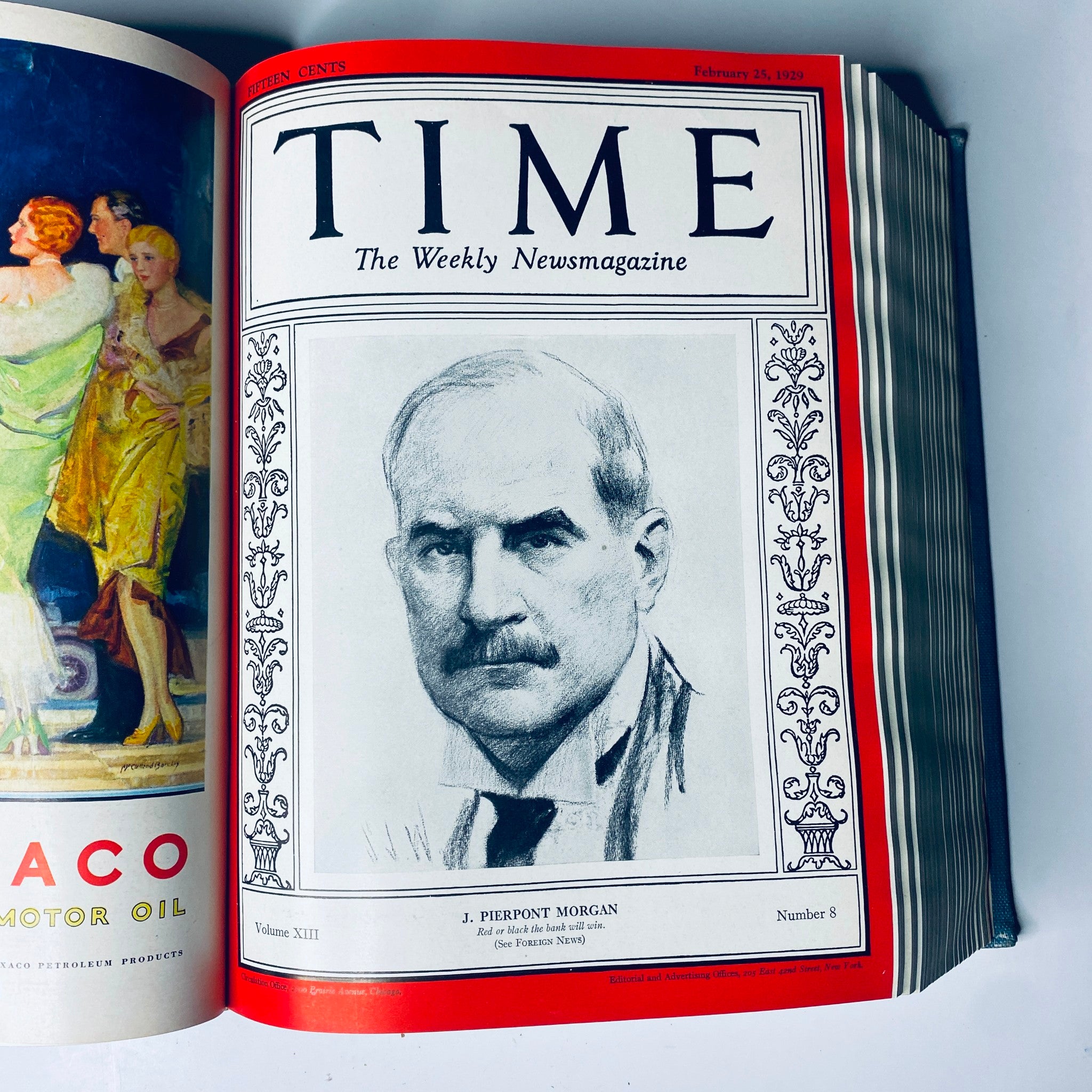 Time Magazine Bound Weekly January 7, 1929 - June 24, 1929 highlighting J. Pierpont Morgan's illustration, Volume XIII, Number 8.