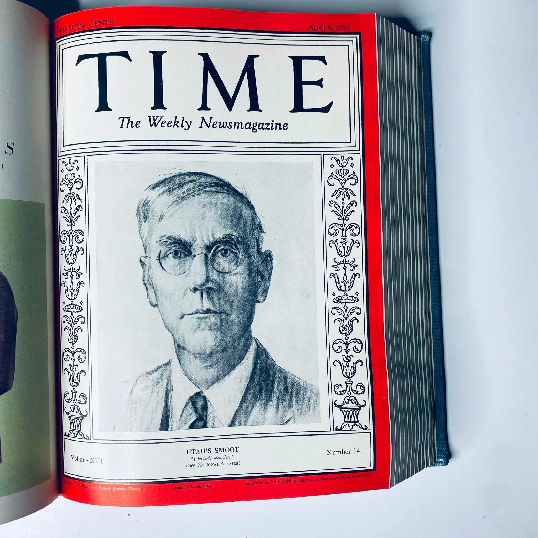 Time Magazine Bound Weekly January 7, 1929 - June 24, 1929 - April 8, 1929 cover featuring a portrait of Utah's Smoot, showcasing historical artwork and publication details.