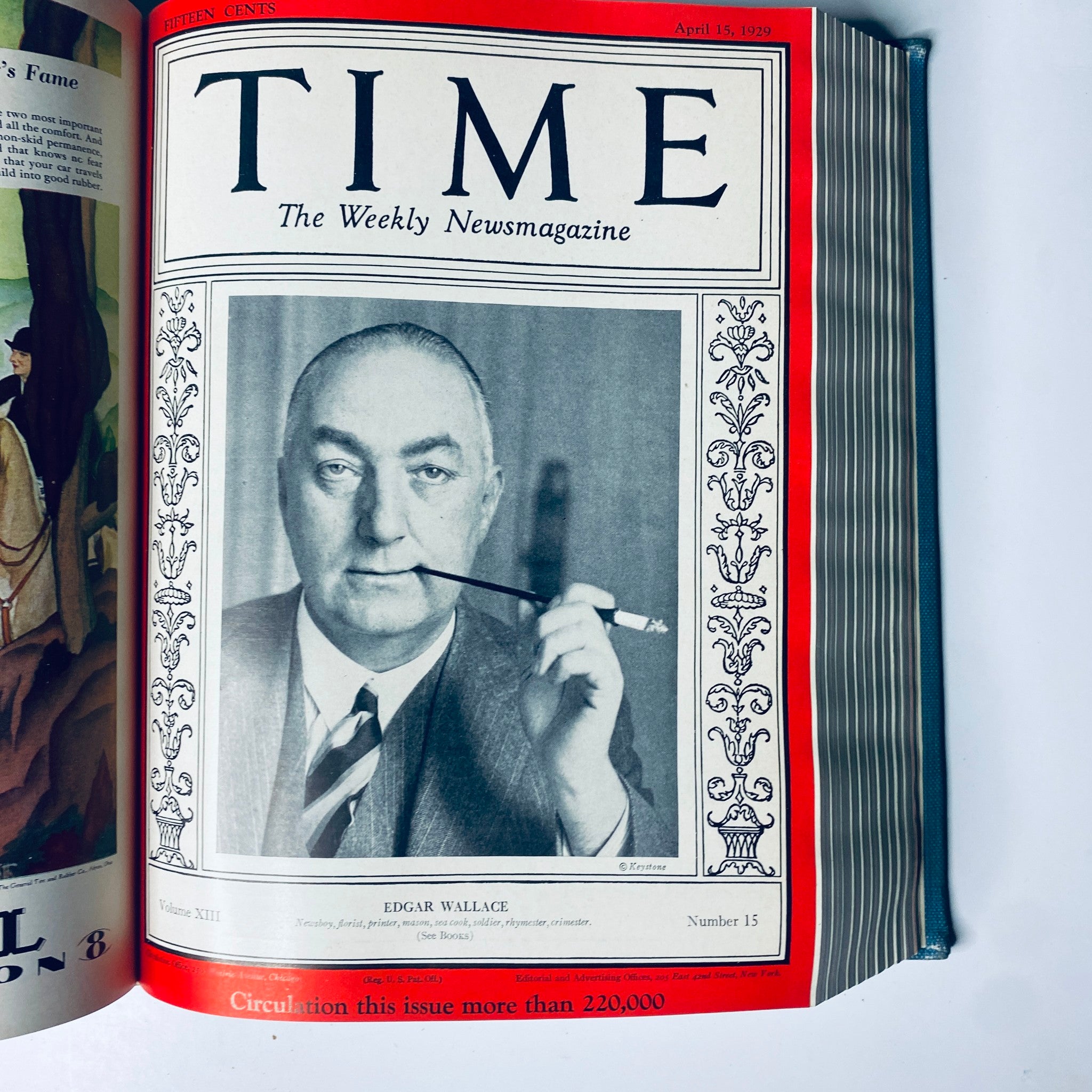 Time Magazine Bound Weekly January 7, 1929 - June 24, 1929 - April 15, 1929 cover featuring Edgar Wallace, illustrating the magazine's design and editorial focus.