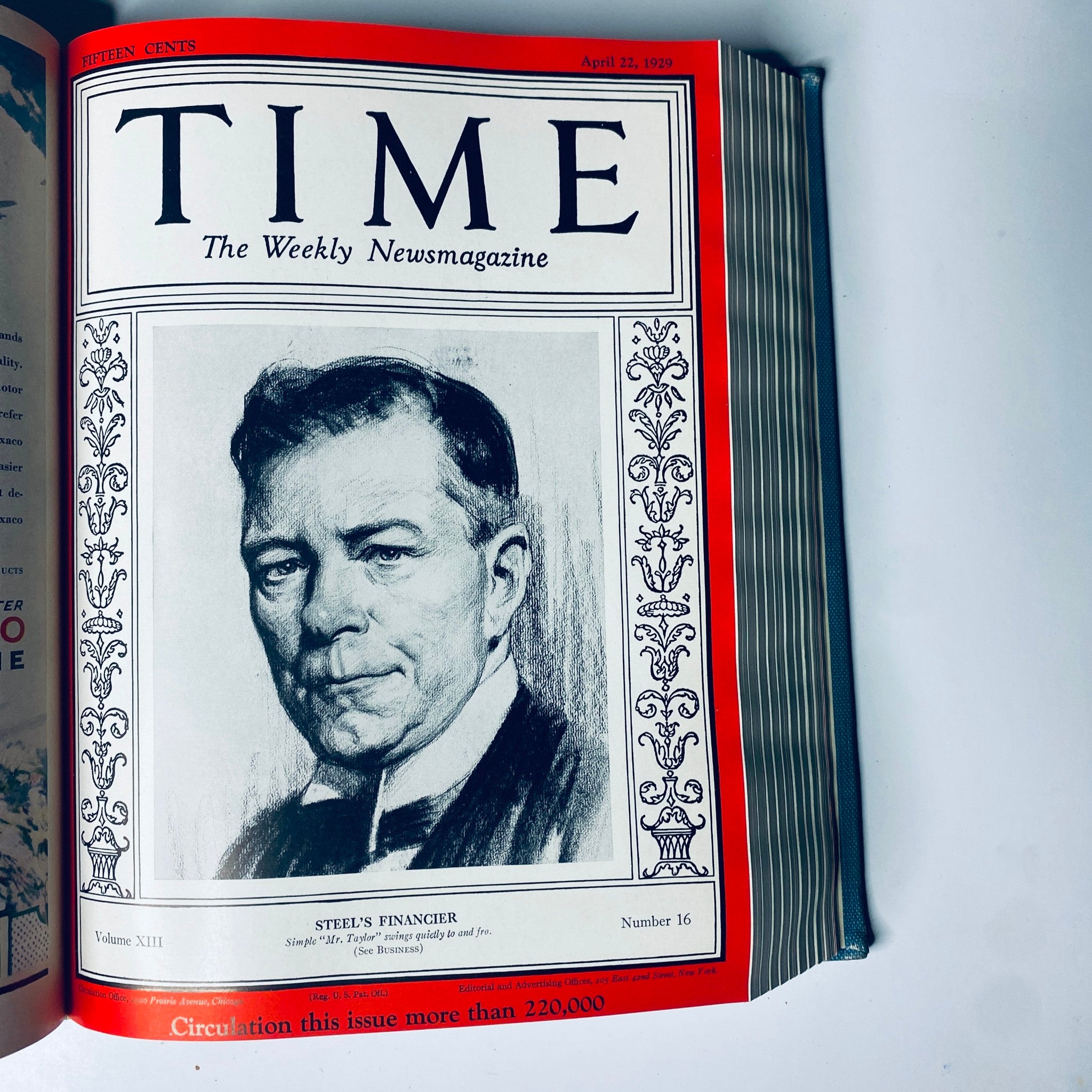 Time Magazine Bound Weekly January 7, 1929 - June 24, 1929 - April 22, 1929 cover highlighting Steel’s Financier with a historical portrait, representing the magazine's content.