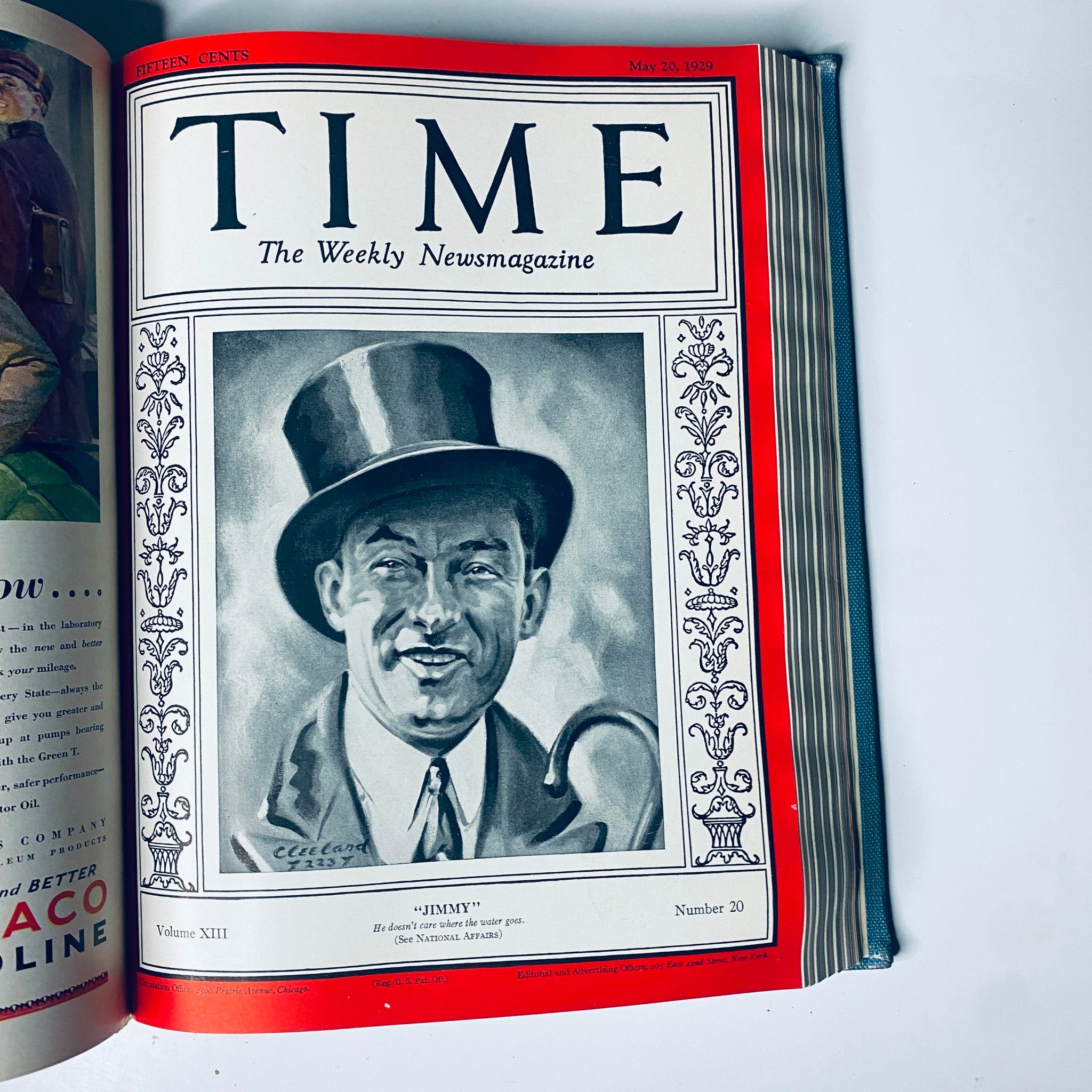 Time Magazine cover from May 20, 1929, showcasing a portrait of 'Jimmy', including the title 'Time Magazine Bound Weekly January 7, 1929 - June 24, 1929 Einstein Morgan.'