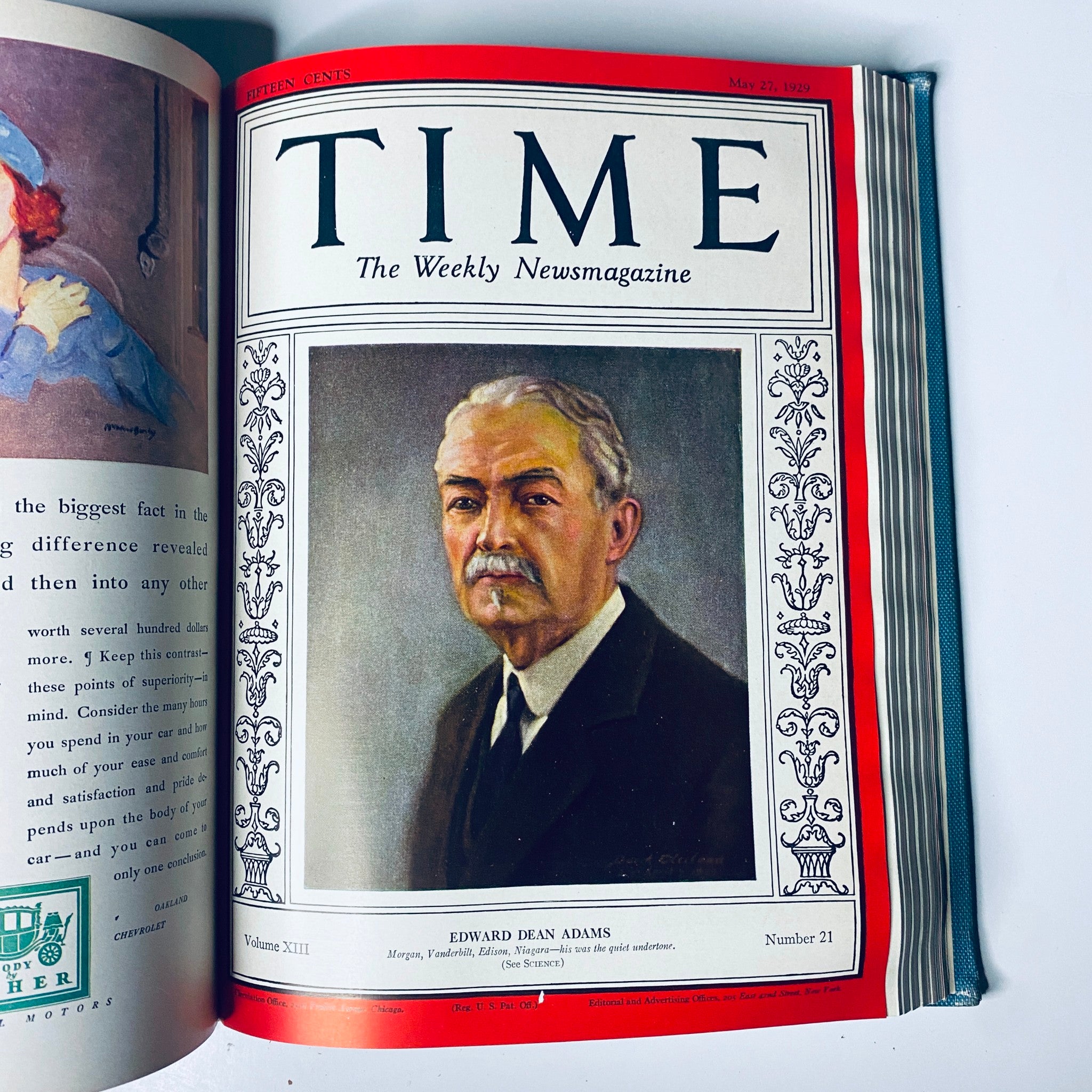 Time Magazine cover from May 27, 1929, displaying Edward Dean Adams, under the title 'Time Magazine Bound Weekly January 7, 1929 - June 24, 1929 Einstein Morgan.'