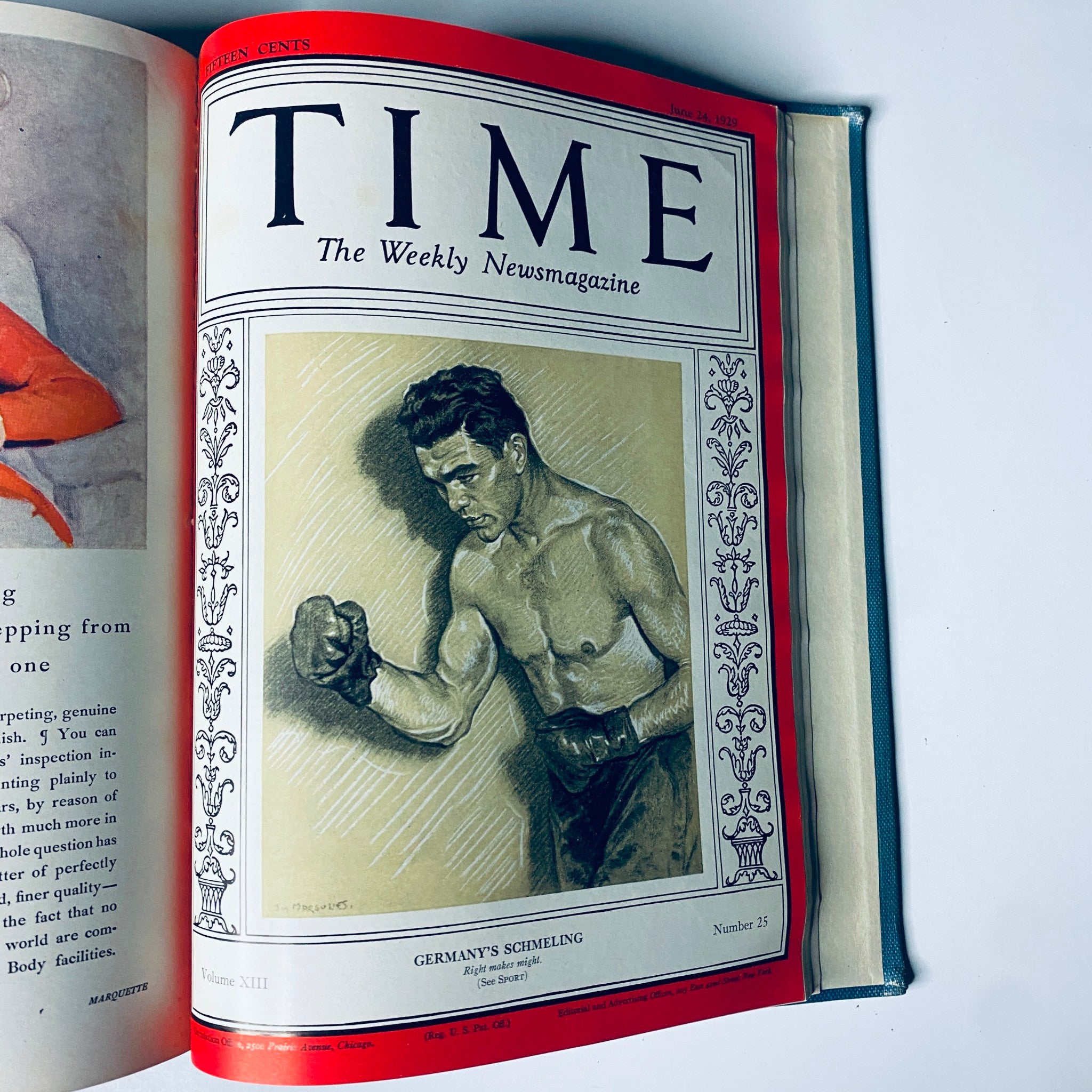 Cover of Time Magazine from June 24, 1929, featuring Germany's Schmeling, as part of Time Magazine Bound Weekly January 7, 1929 - June 24, 1929 Einstein Morgan.