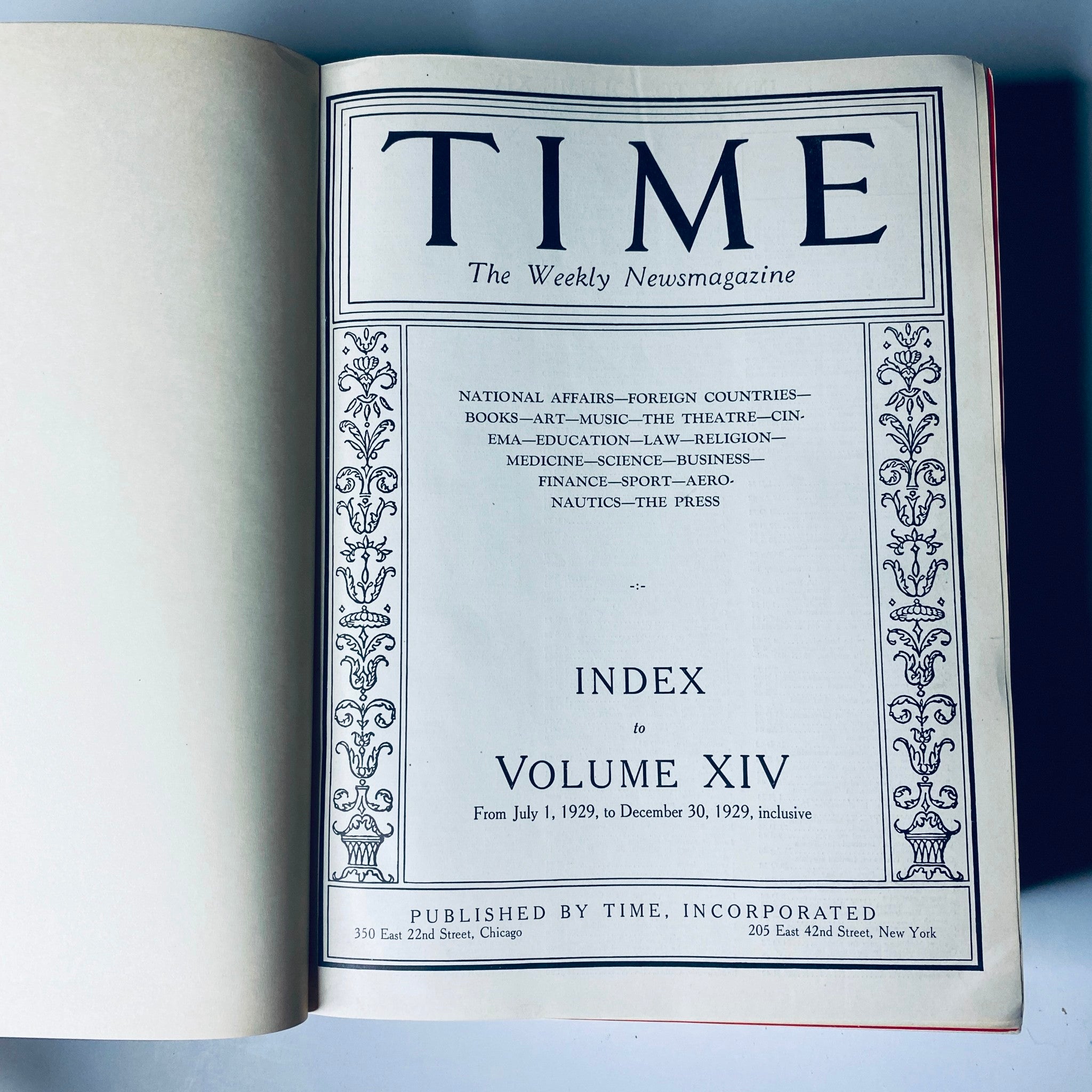 Interior page of the Time Magazine Bound Weekly July 1, 1929 - December 30, 1929, displaying the index for Volume XIV, highlighting key sections from the publication.