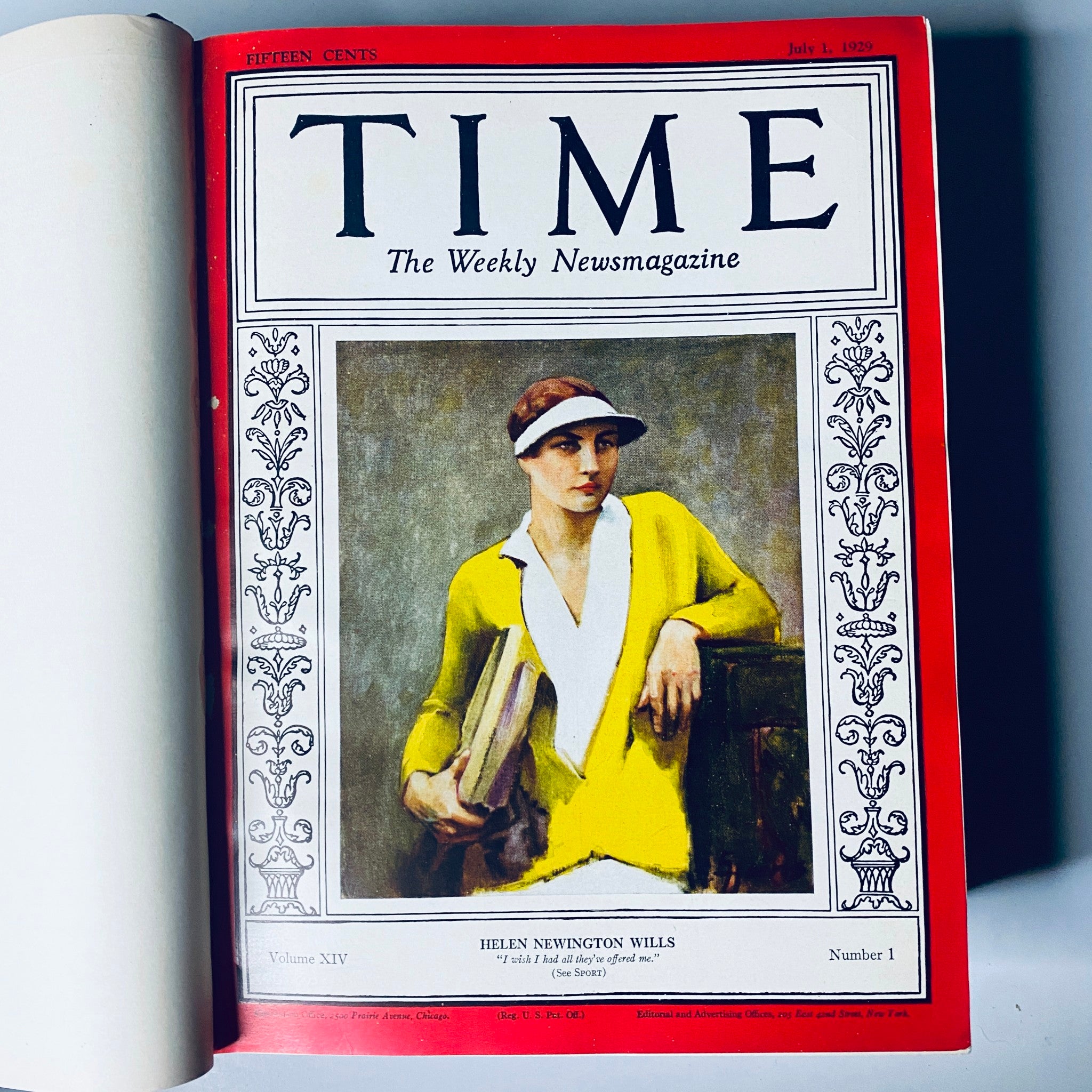 Cover page of the Time Magazine Bound Weekly July 1, 1929 - December 30, 1929, featuring the artwork of Helen Newington Wills on the front cover.