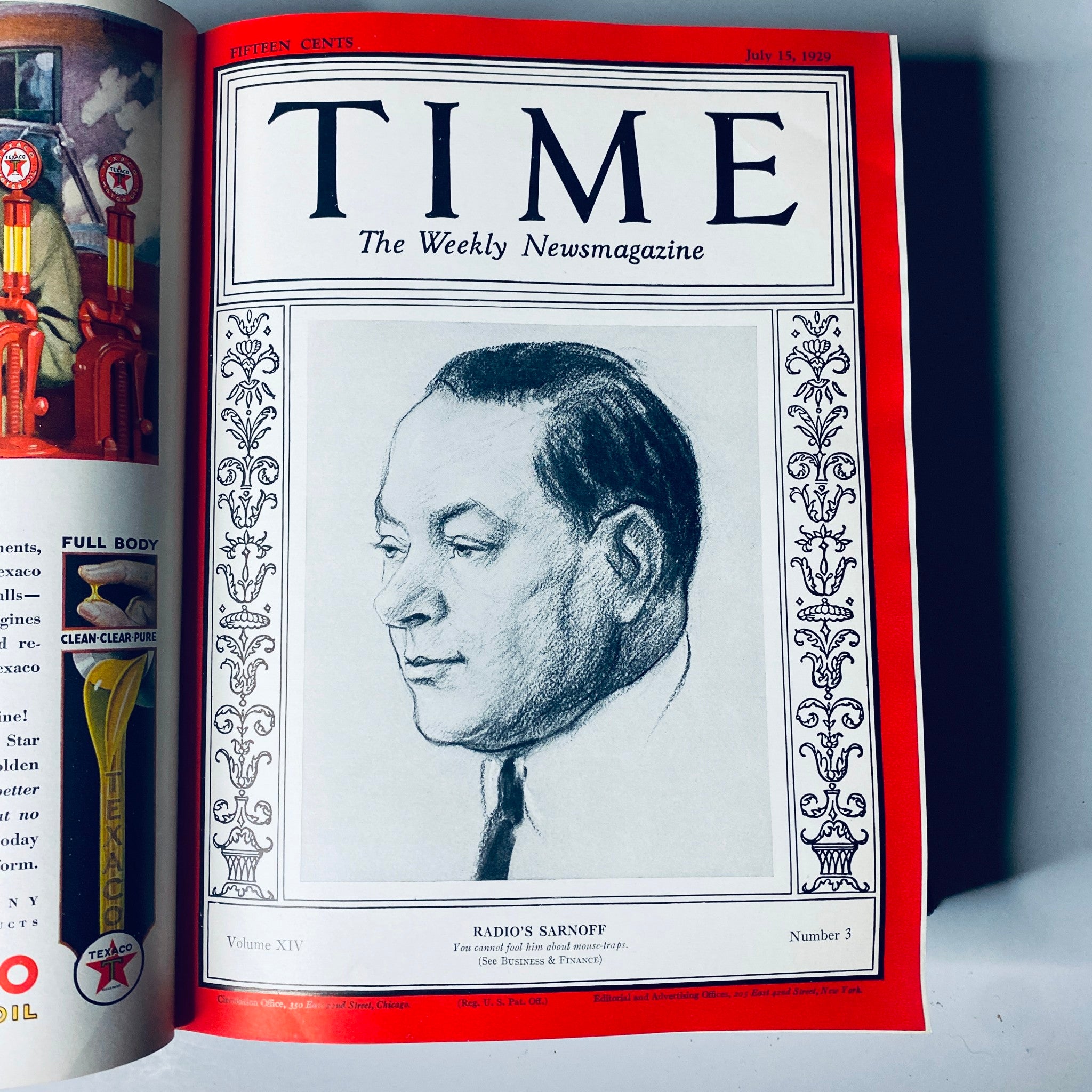 Time Magazine cover featuring David Sarnoff, dated July 15, 1929, from the bound volume July 1, 1929 - December 30, 1929 Jimmie Foxx.