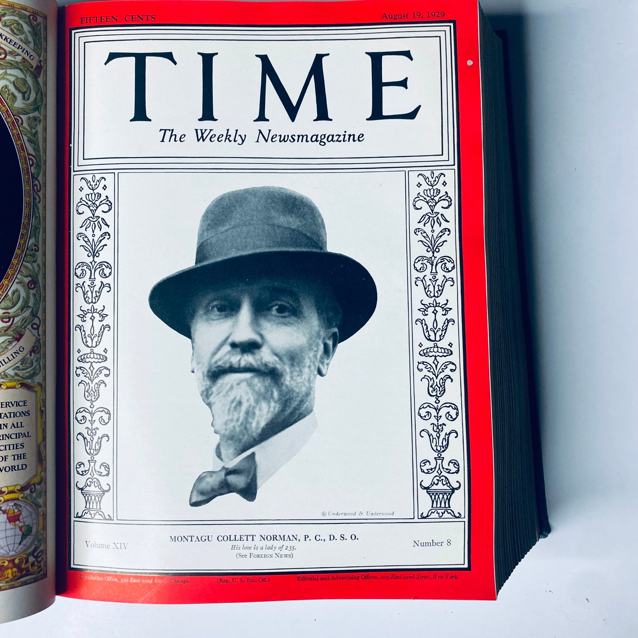 Cover of Time Magazine dated August 19, 1929, showcasing Montagu Collett Norman, reflecting the significant personalities of the time, included in the bound volume from July to December 1929.