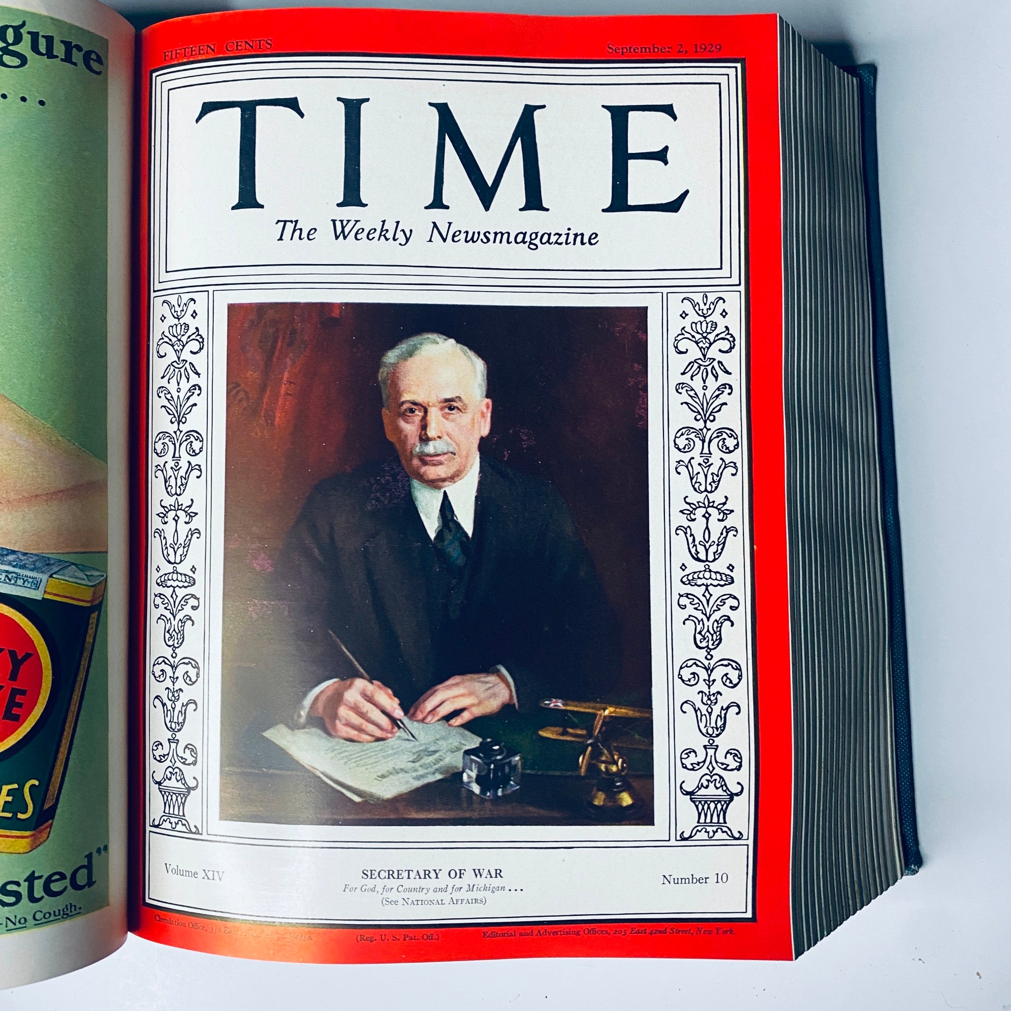 Cover of Time Magazine dated September 2, 1929, featuring the Secretary of War, illustrating the political climate as captured in the 'Time Magazine Bound Weekly July 1, 1929 - December 30, 1929 Jimmie Foxx' collection.