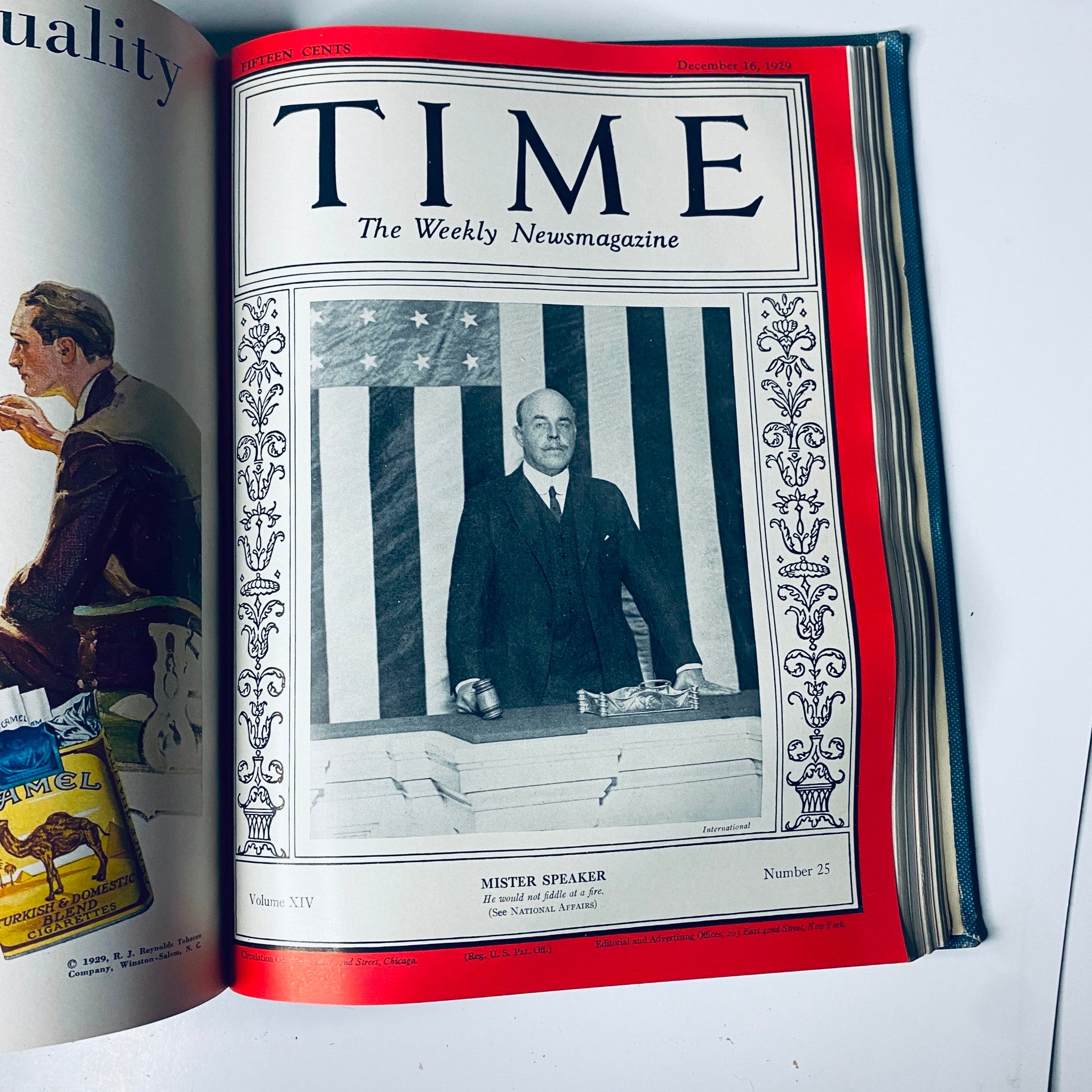 Cover of Time Magazine Bound Weekly from December 16, 1929, featuring Mister Speaker. Title: Time Magazine Bound Weekly July 1, 1929 - December 30, 1929 Jimmie Foxx.