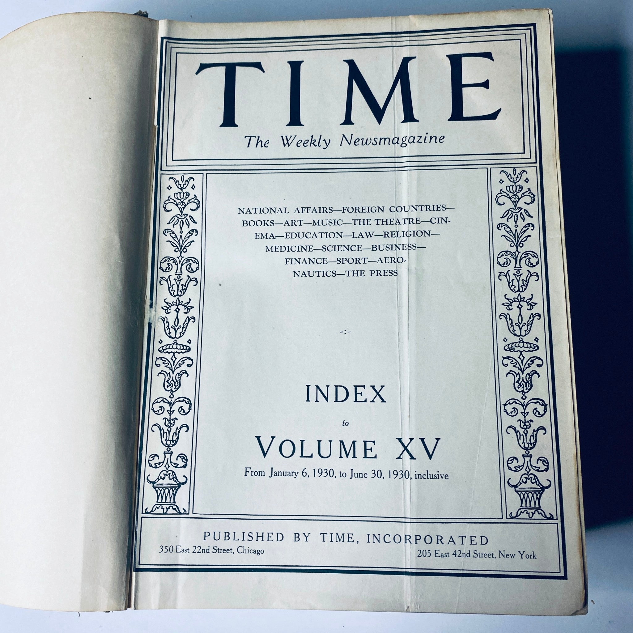 Title page of 'Time Magazine Bound Weekly January 6, 1930 - June 30, 1930', featuring the magazine's index and publication details.