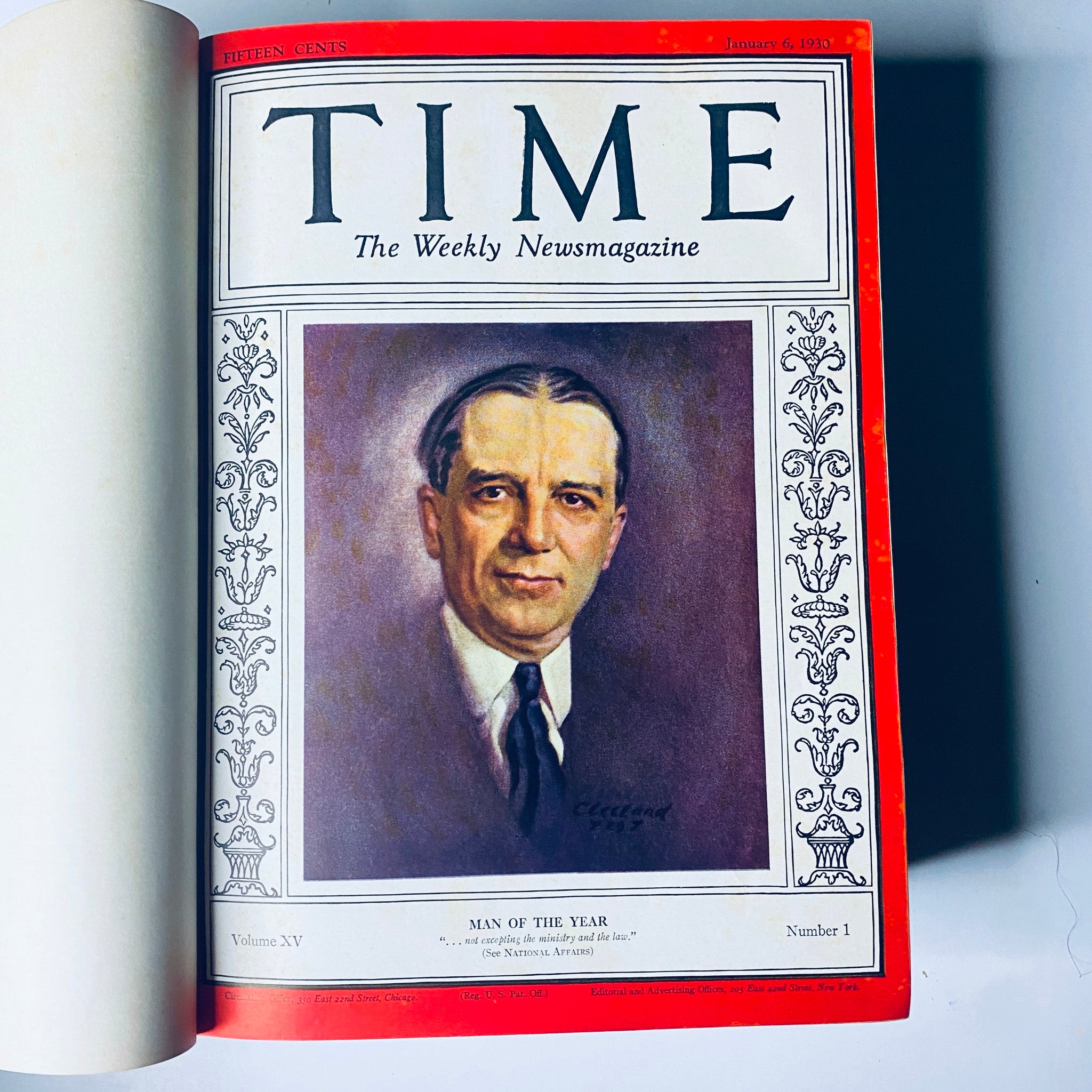 Cover of Time Magazine Bound Weekly January 6, 1930 - June 30, 1930 featuring the portrait of the Man of the Year, with the title embossed in red and black.