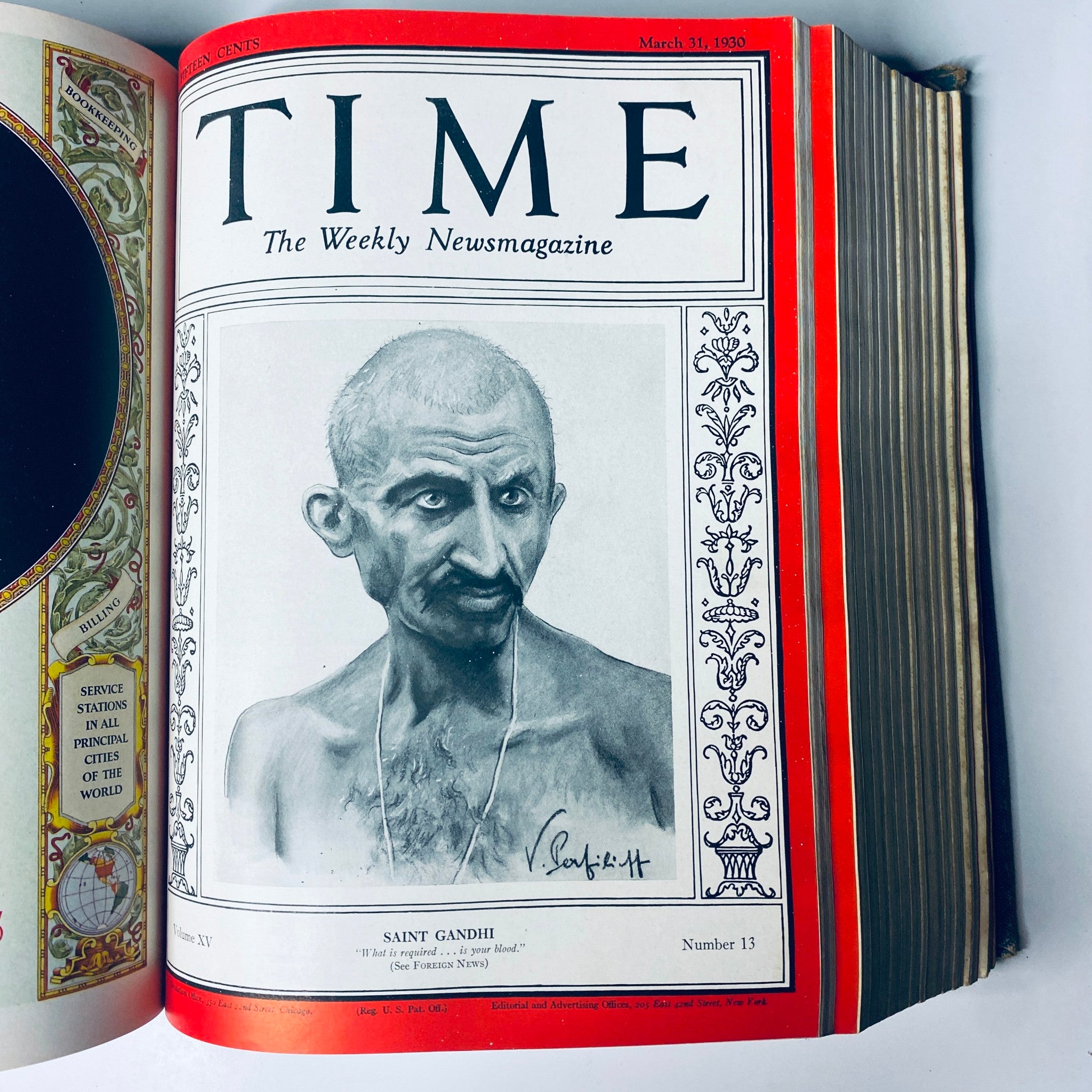 Cover of Time Magazine dated March 31, 1930, featuring a portrait of Mahatma Gandhi with the title 'Saint Gandhi' during the early Great Depression era.