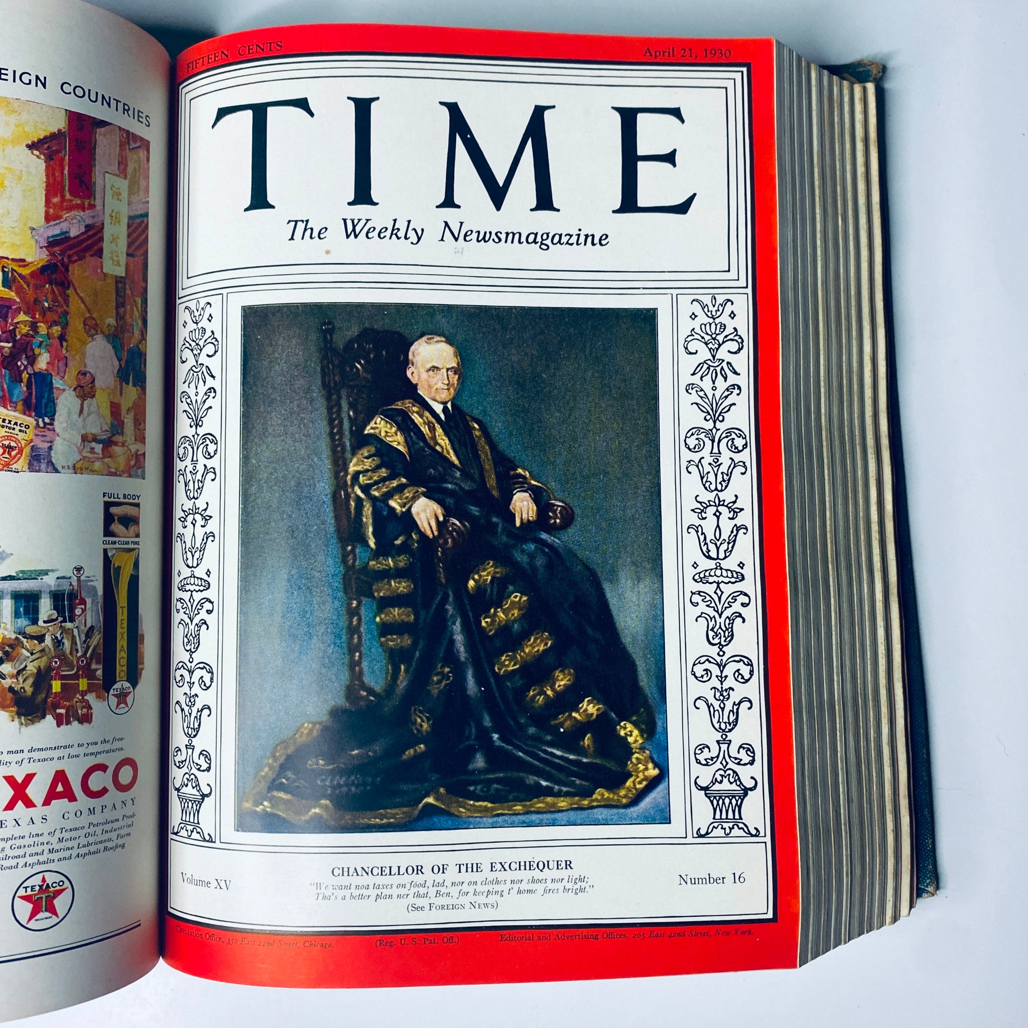 Cover of Time Magazine dated April 21, 1930, displaying the Chancellor of the Exchequer in ornate ceremonial robes, reflecting the political context of the time.