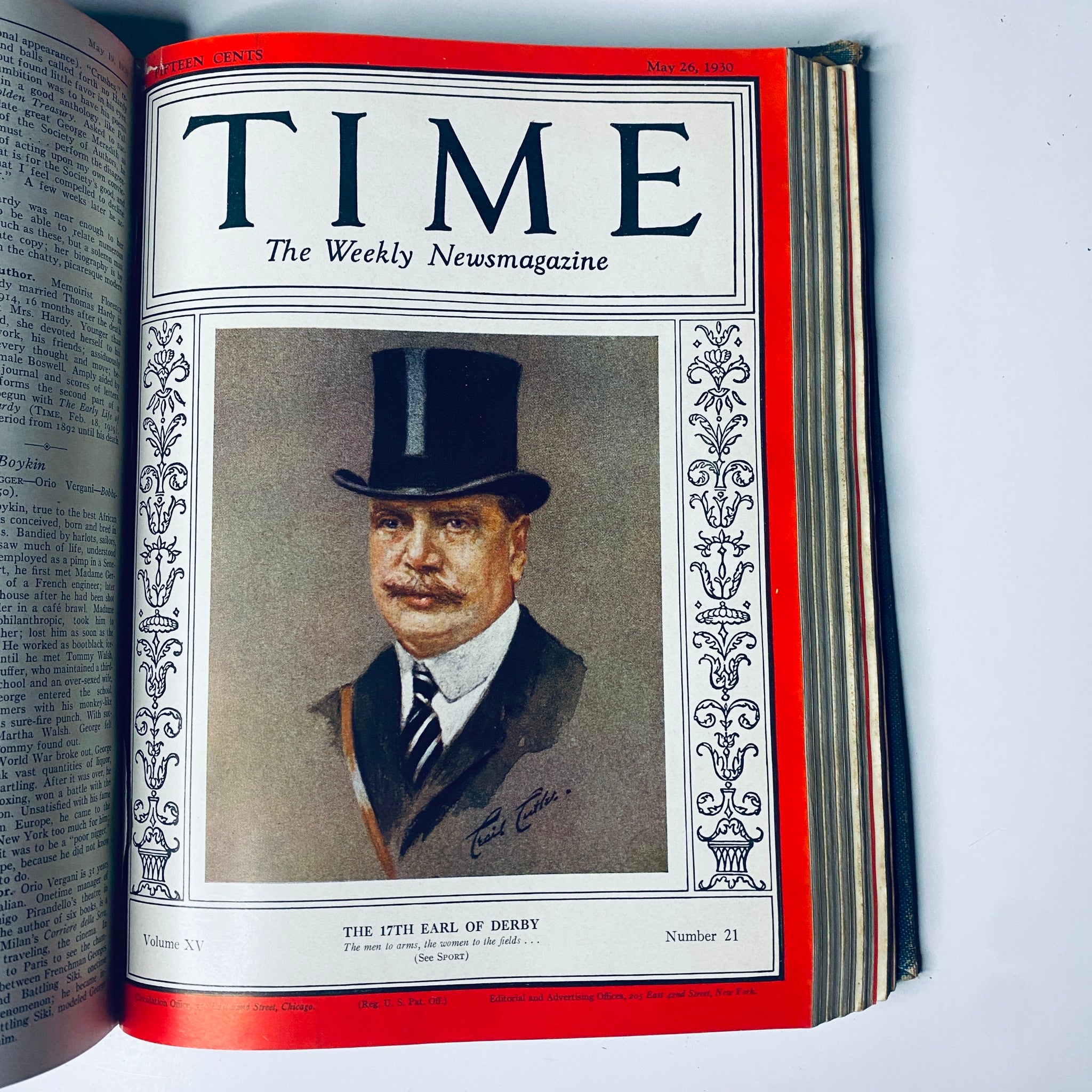 Time Magazine Bound Weekly January 6, 1930 - June 30, 1930 AL Capone Scarface. Cover showcasing The 17th Earl of Derby from the May 26, 1930 edition with illustrative artwork.