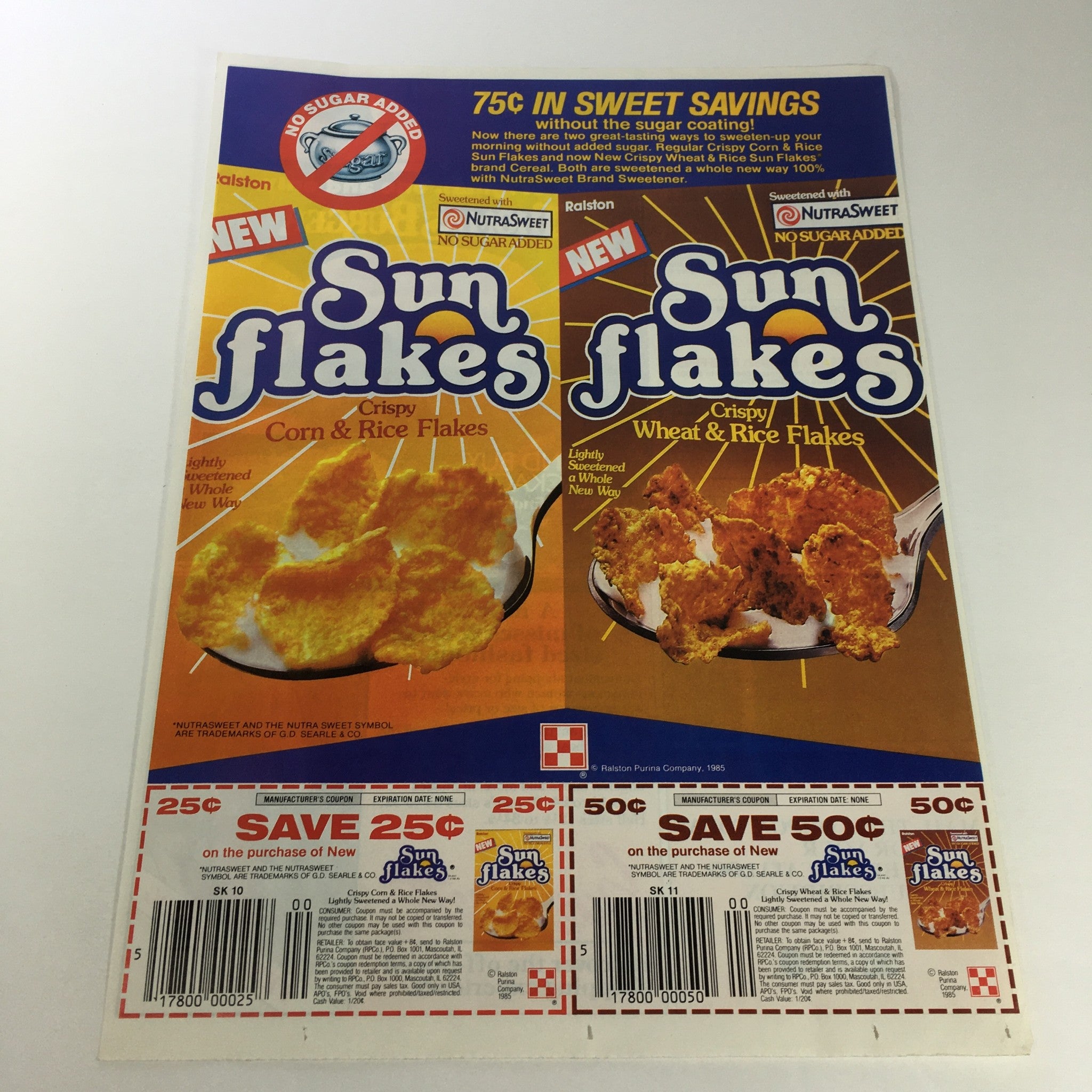 VTG Retro 1986 Nutra Sweet Sun Flakes Crispy Corn, Wheat & Rice Flakes Ad Coupon