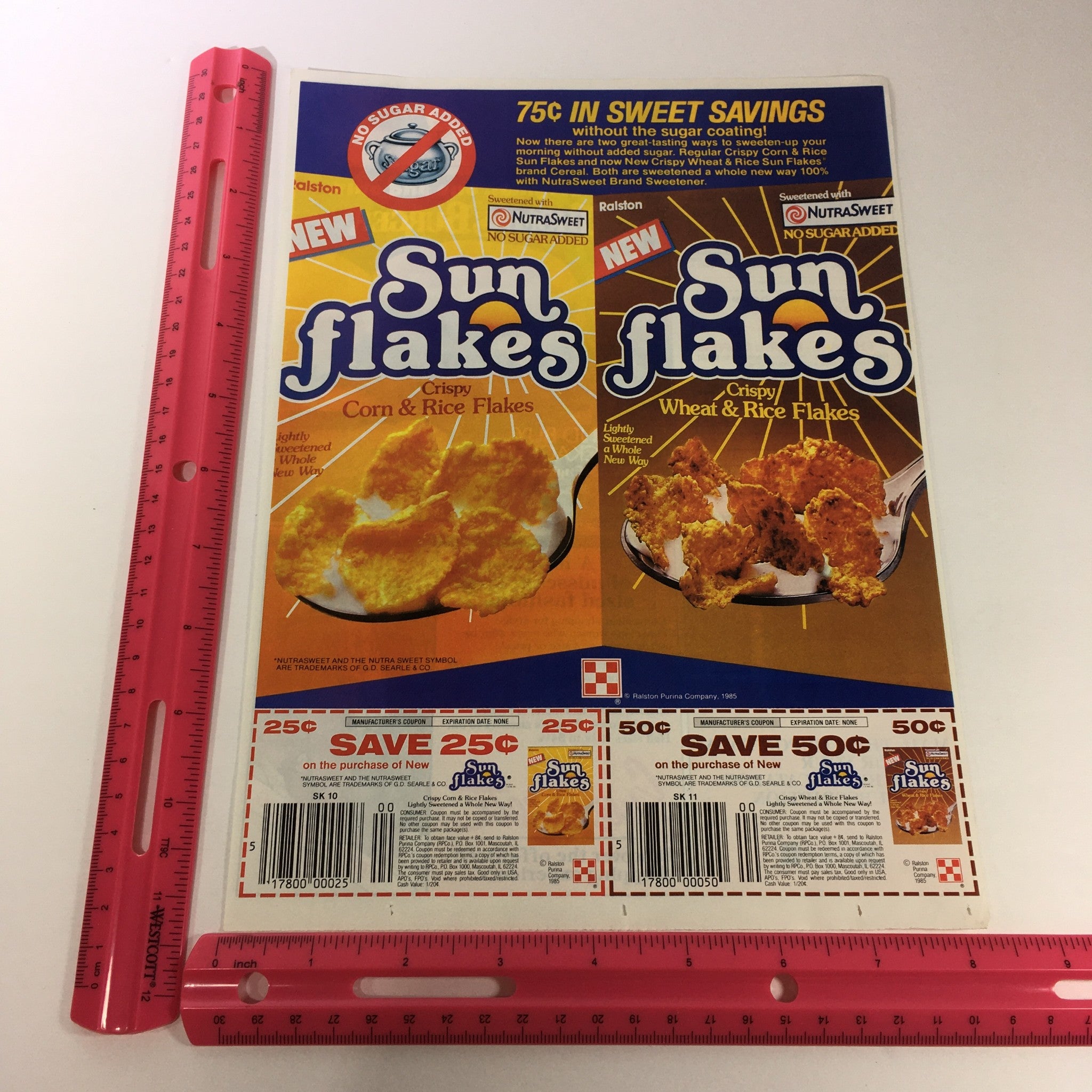 VTG Retro 1986 Nutra Sweet Sun Flakes Crispy Corn, Wheat & Rice Flakes Ad Coupon