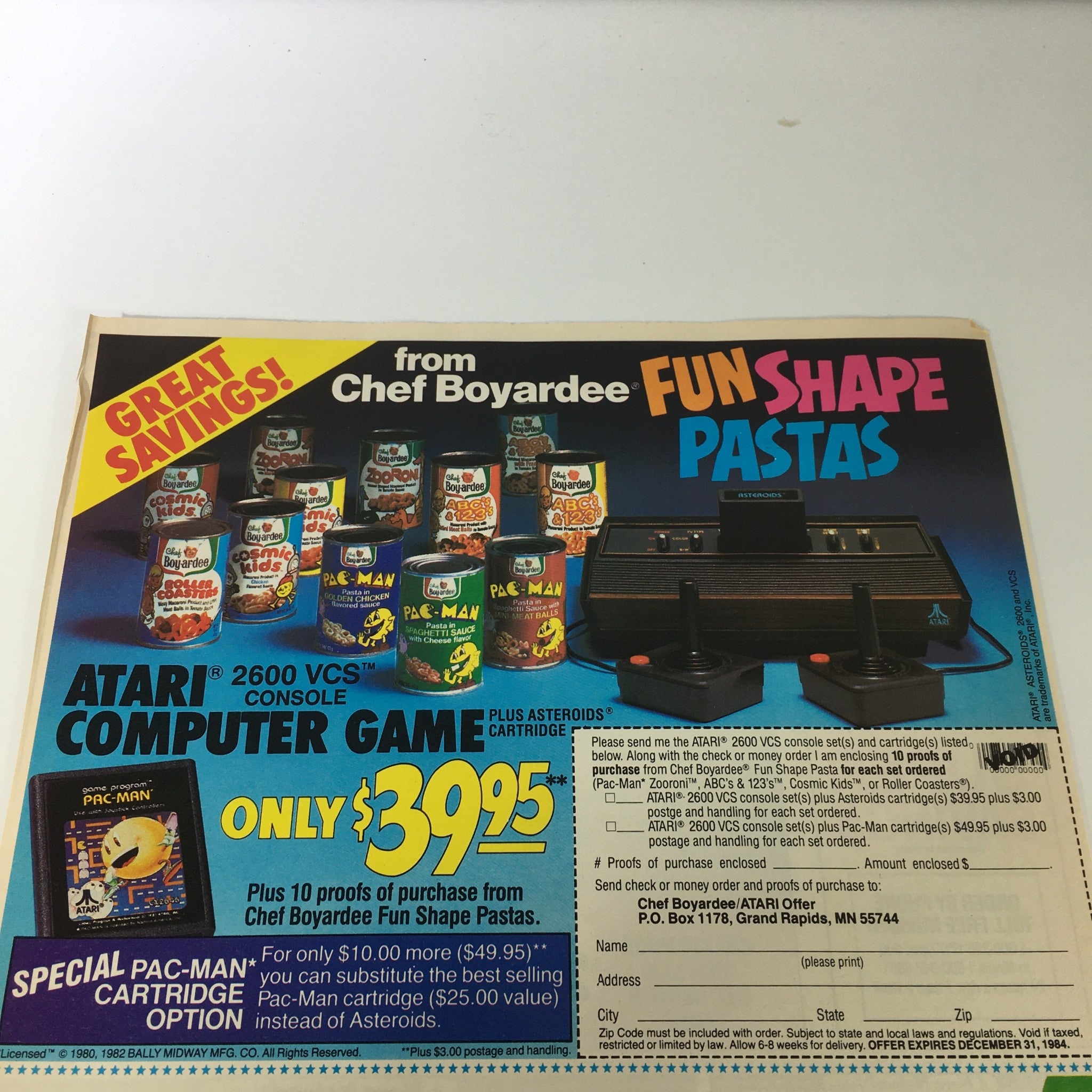 VTG Retro 1984 Chef Boy-Ardee Fun Shape Pastas + Pac-Man Cartridge Opt Ad Coupon