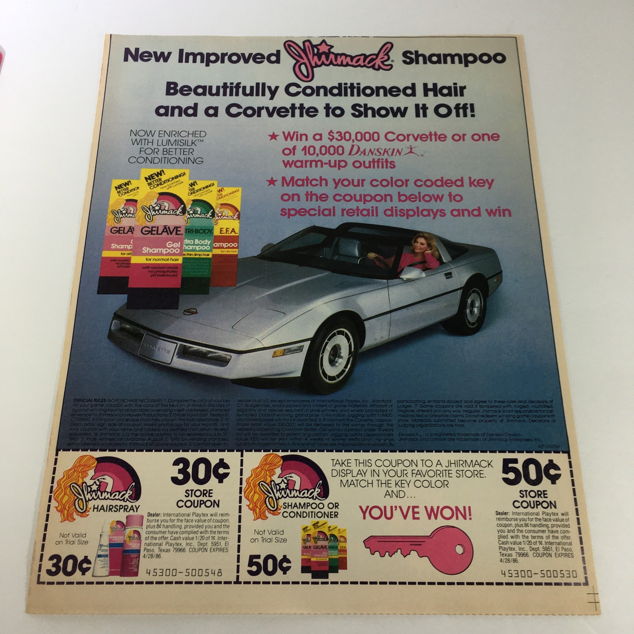 VTG Retro 1986 Jhirmack Shampoo Conditioner Win A Corvette Print Ad Coupon