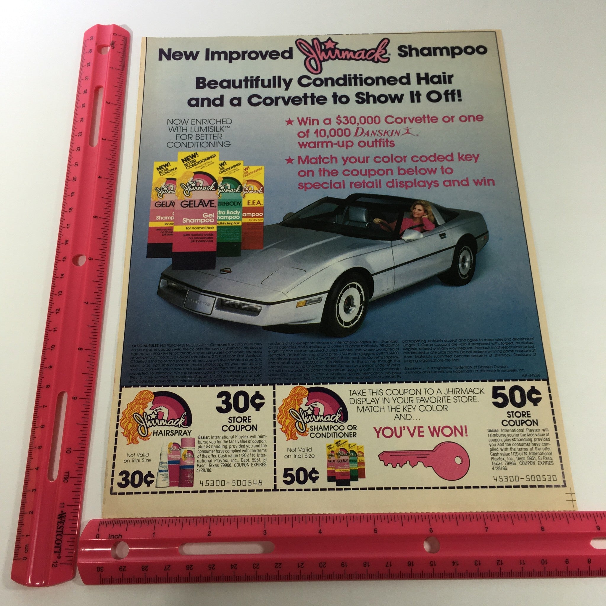 VTG Retro 1986 Jhirmack Shampoo Conditioner Win A Corvette Print Ad Coupon