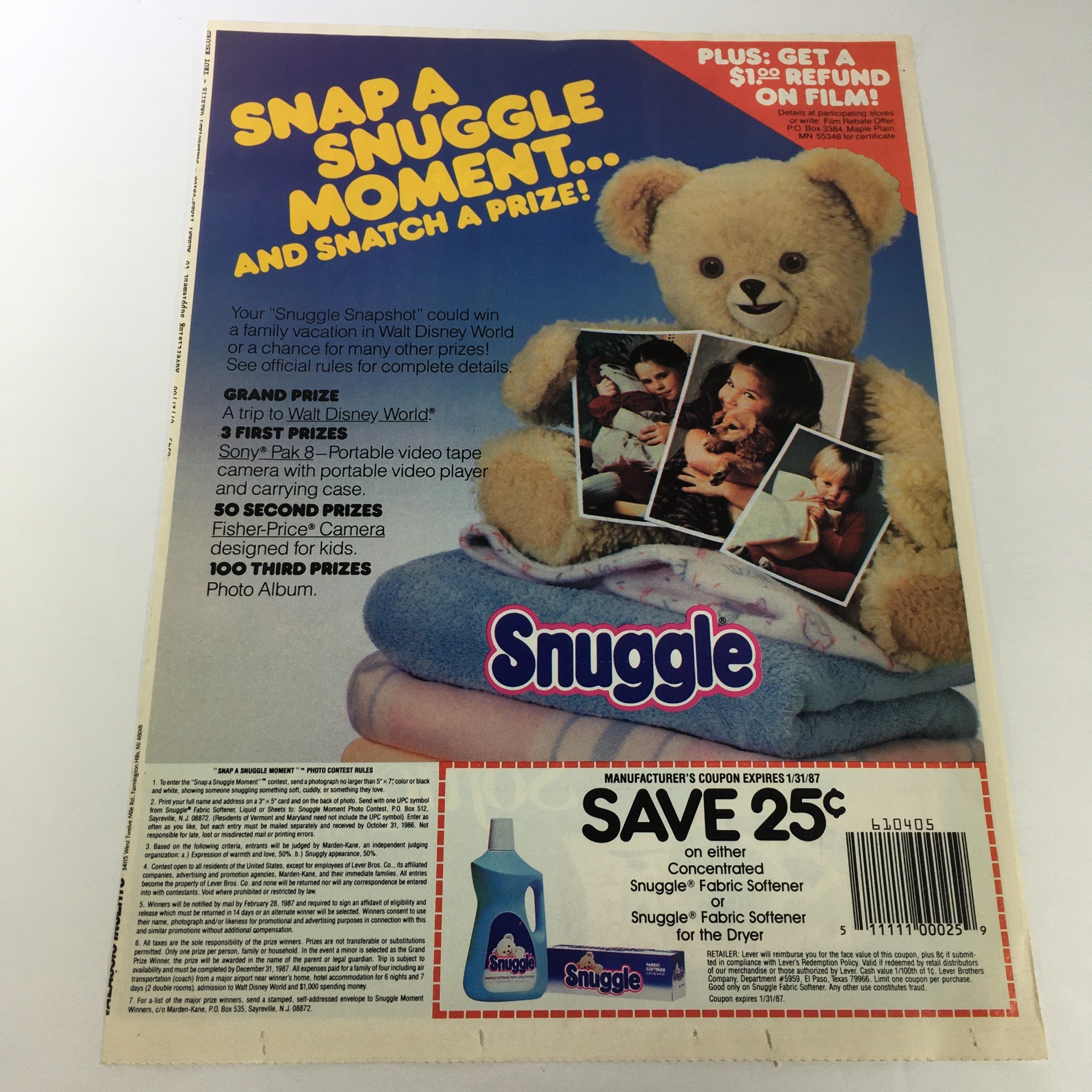 VTG Retro 1987 Snuggle Concentrated Fabric Softener Print Ad Coupon