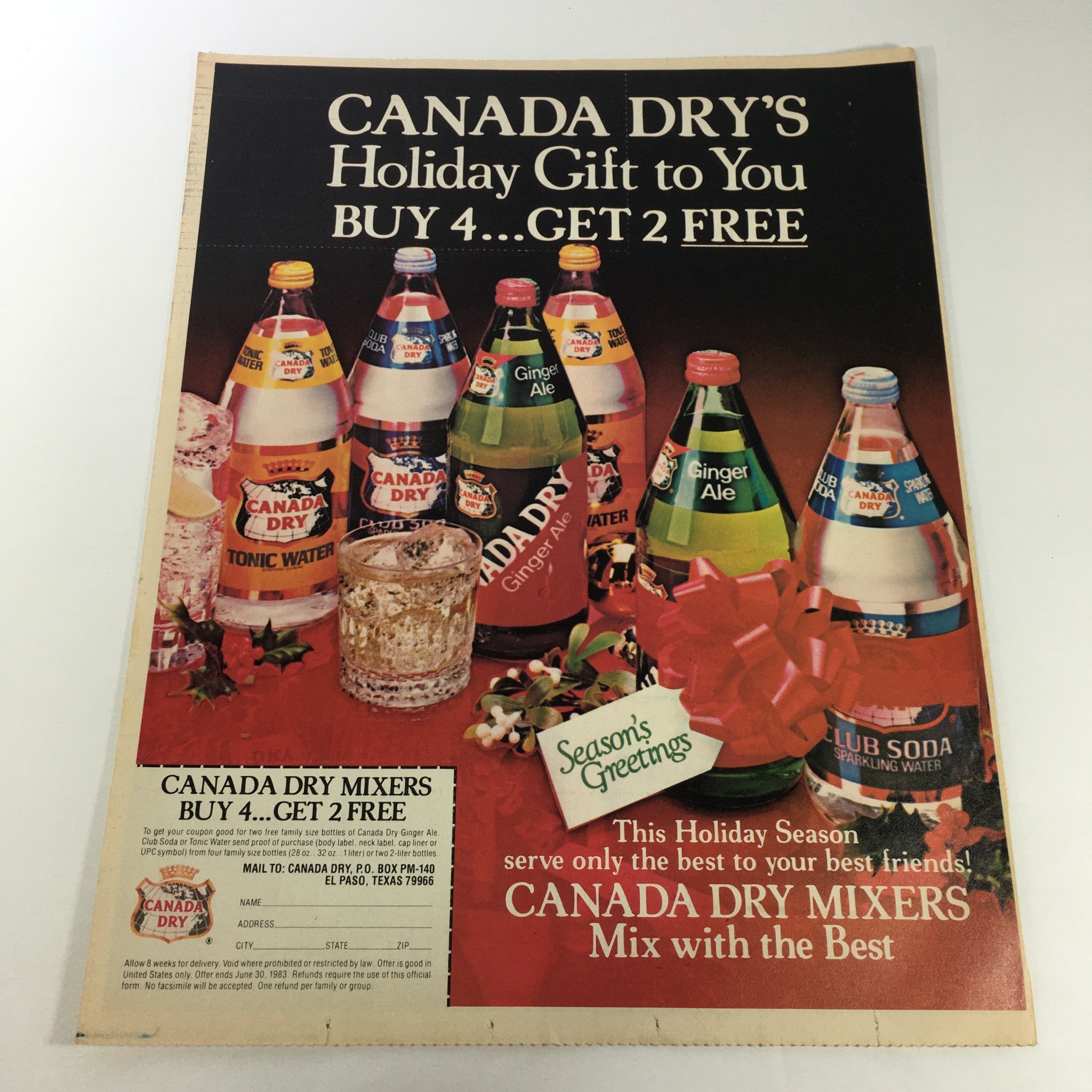 VTG Retro 1983 Canada Dry Mixers Sparkling Water Buy 4 Get 2 FREE Ad Coupon