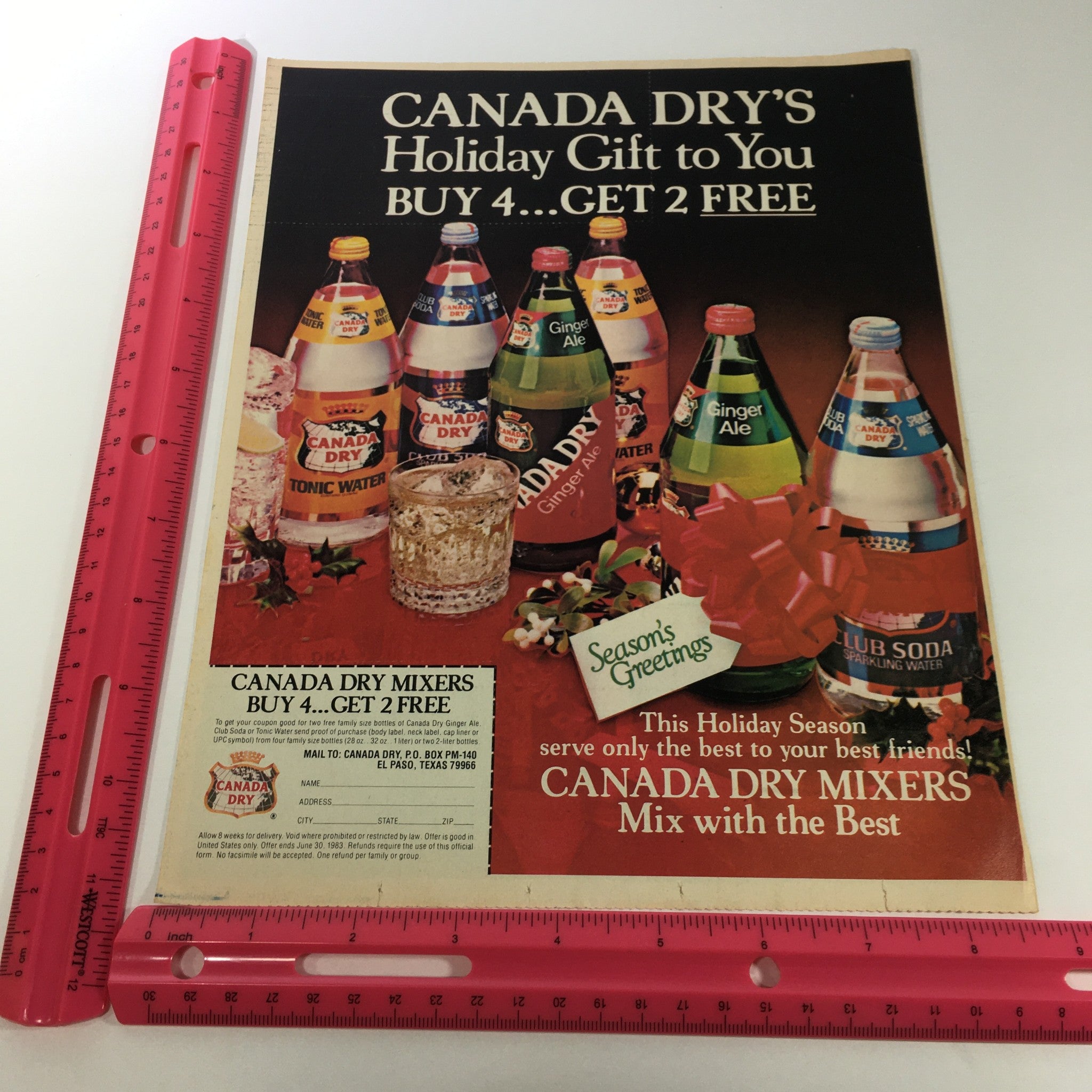 VTG Retro 1983 Canada Dry Mixers Sparkling Water Buy 4 Get 2 FREE Ad Coupon