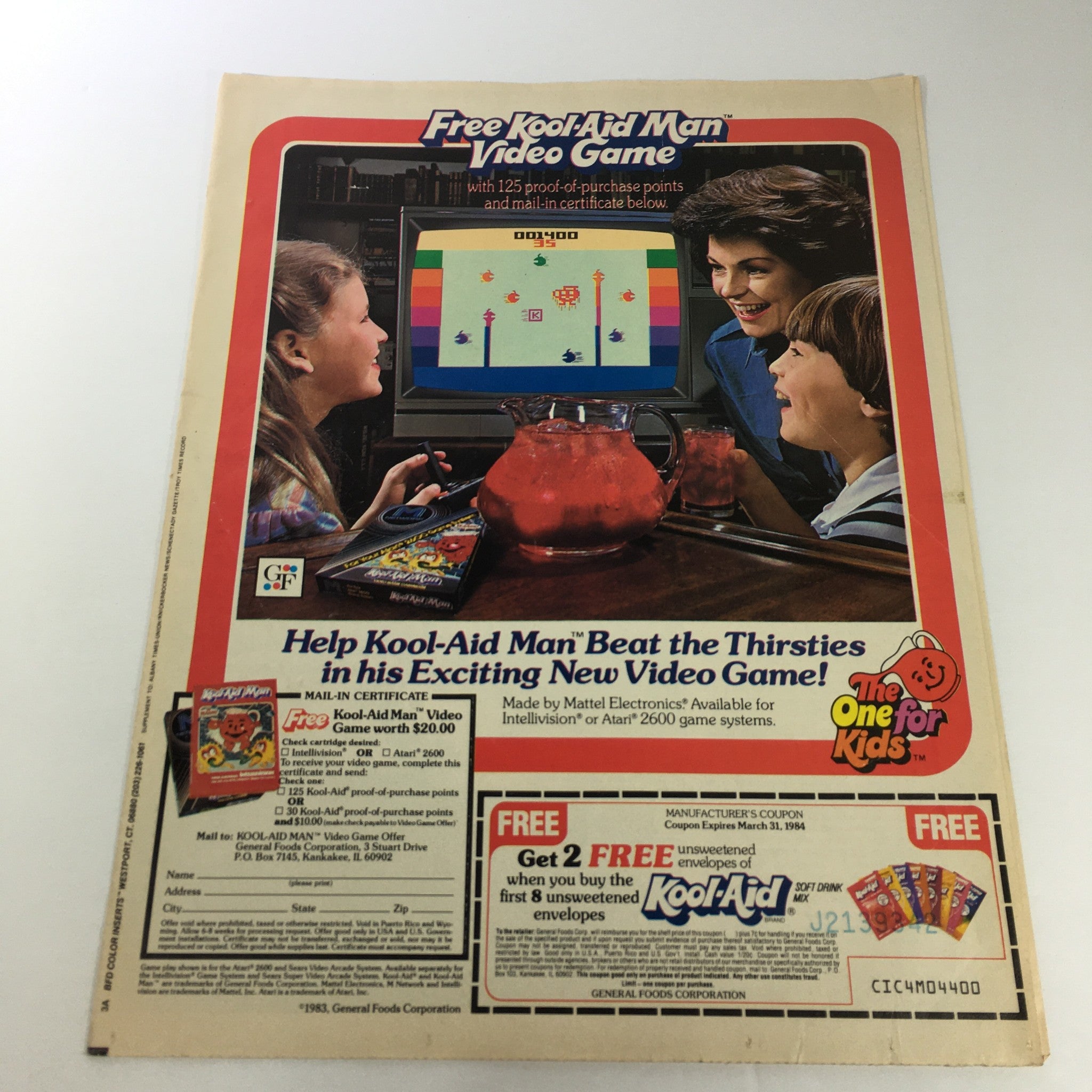 VTG Retro 1984 Kool-Aid Soft Drink Mix FREE Kool-Aid Man Video Game Ad Coupon