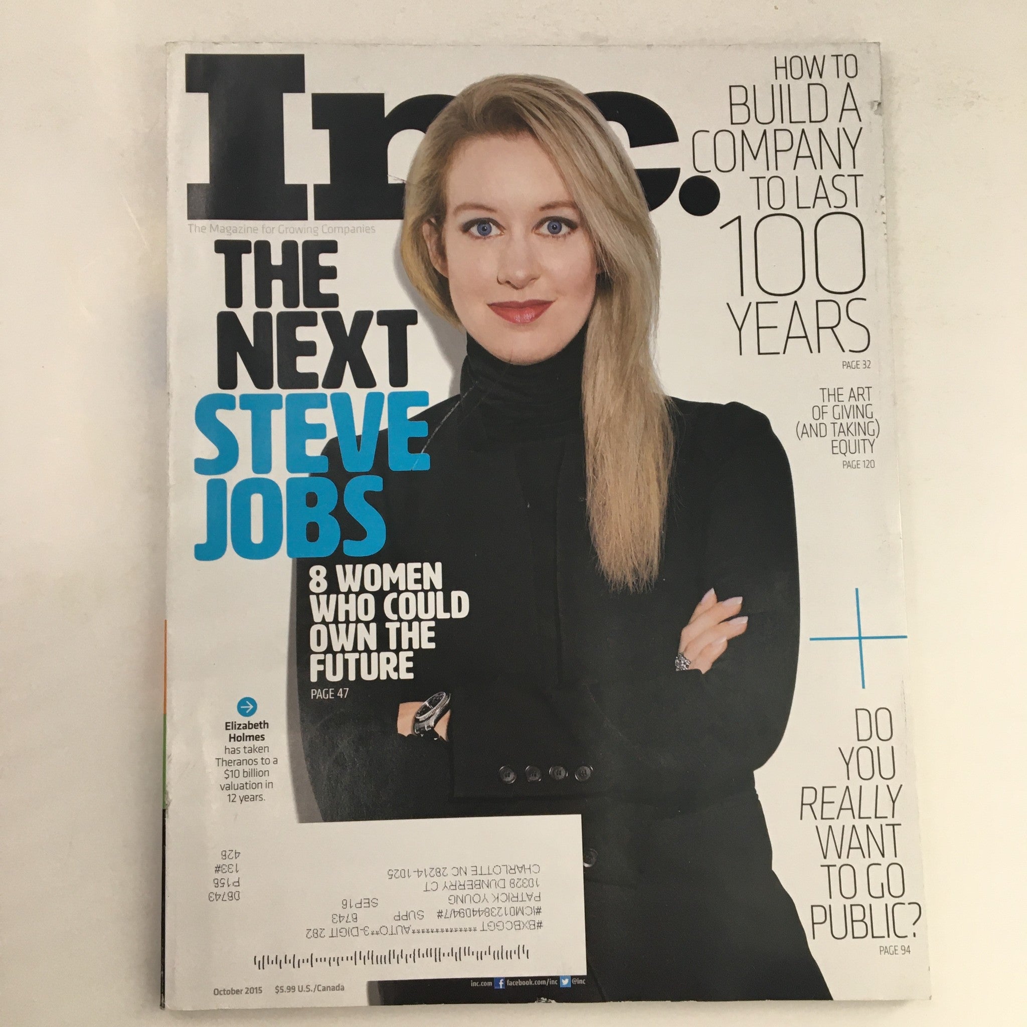 Cover of Inc. Magazine, October 2015, featuring Elizabeth Holmes