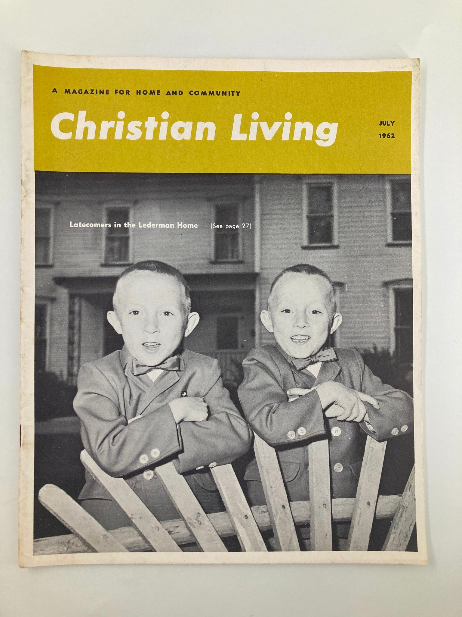 Cover of VTG Christian Living Magazine May 1962 featuring the article 'Latecomers in the Lederman Home' with a retro design and black and white photo of two boys in suits.