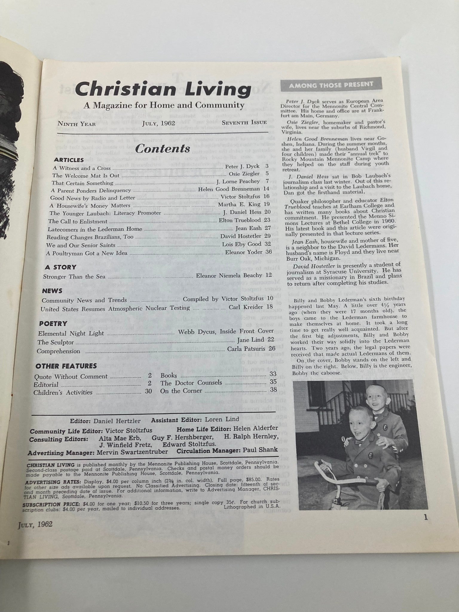 Inside contents page of VTG Christian Living Magazine July 1962, outlining articles including 'Latecomers in the Lederman Home' with accompanying images and text.
