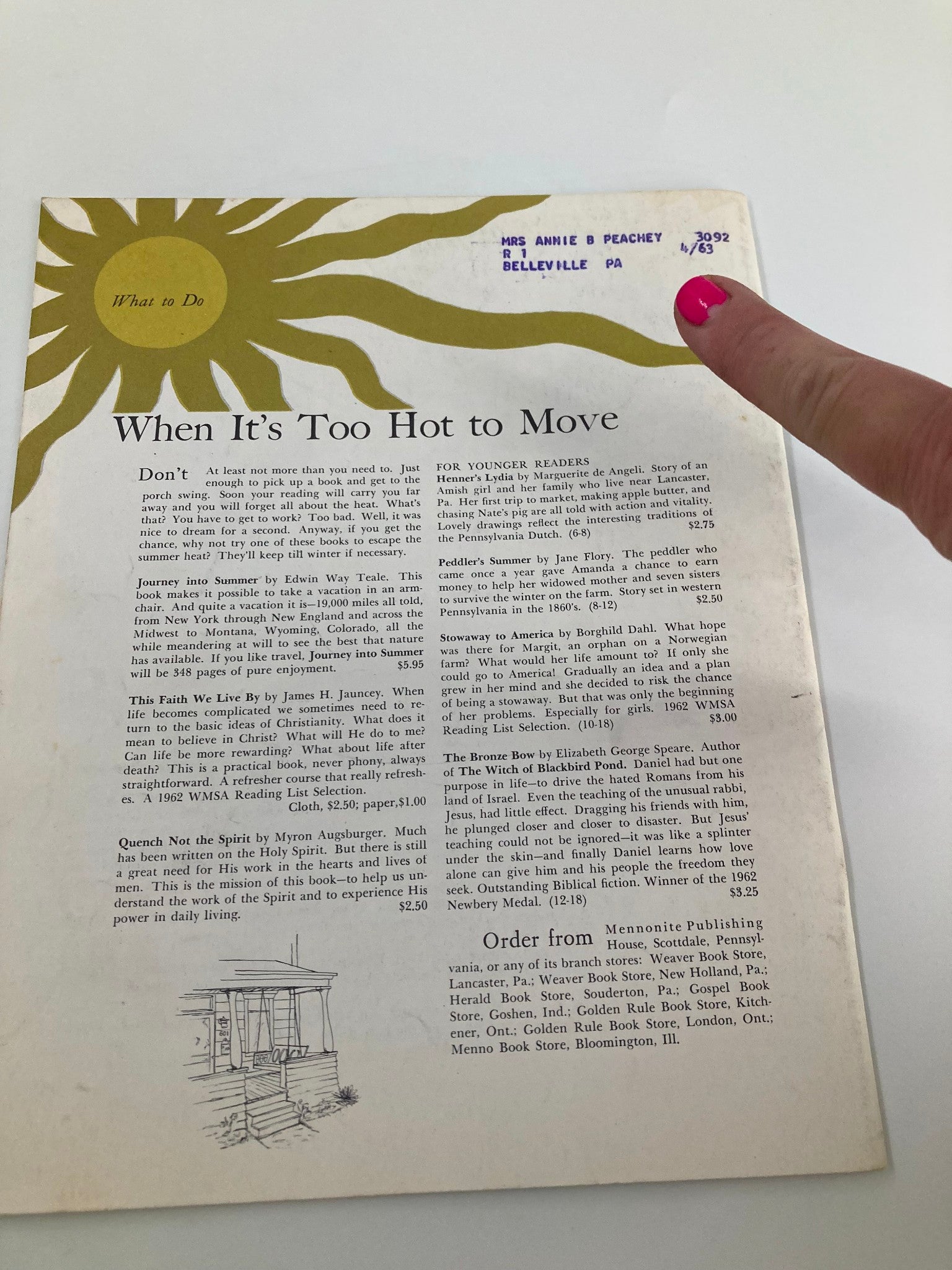 Back cover of the VTG Christian Living Magazine May 1962 featuring an illustration and a handwritten address label, with a section called 'When It's Too Hot to Move' discussing vacation ideas and summer reading.