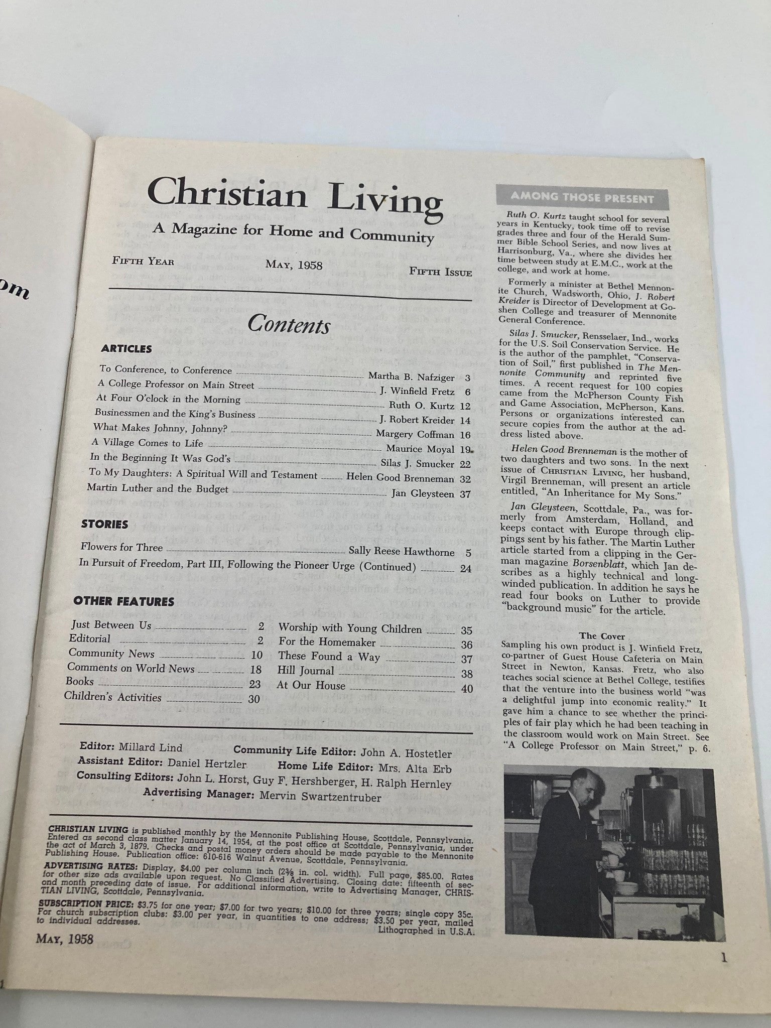 VTG Christian Living Magazine May 1958 College Professor on Main Street No Label