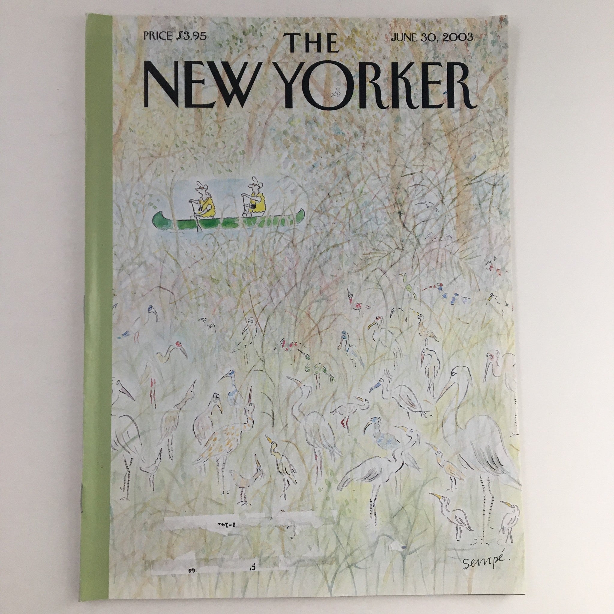 Cover of The New Yorker dated June 30, 2003, featuring the whimsical illustration by Jean-Jacques Sempé, depicting characters in a canoe among a backdrop of light pastel-colored nature.