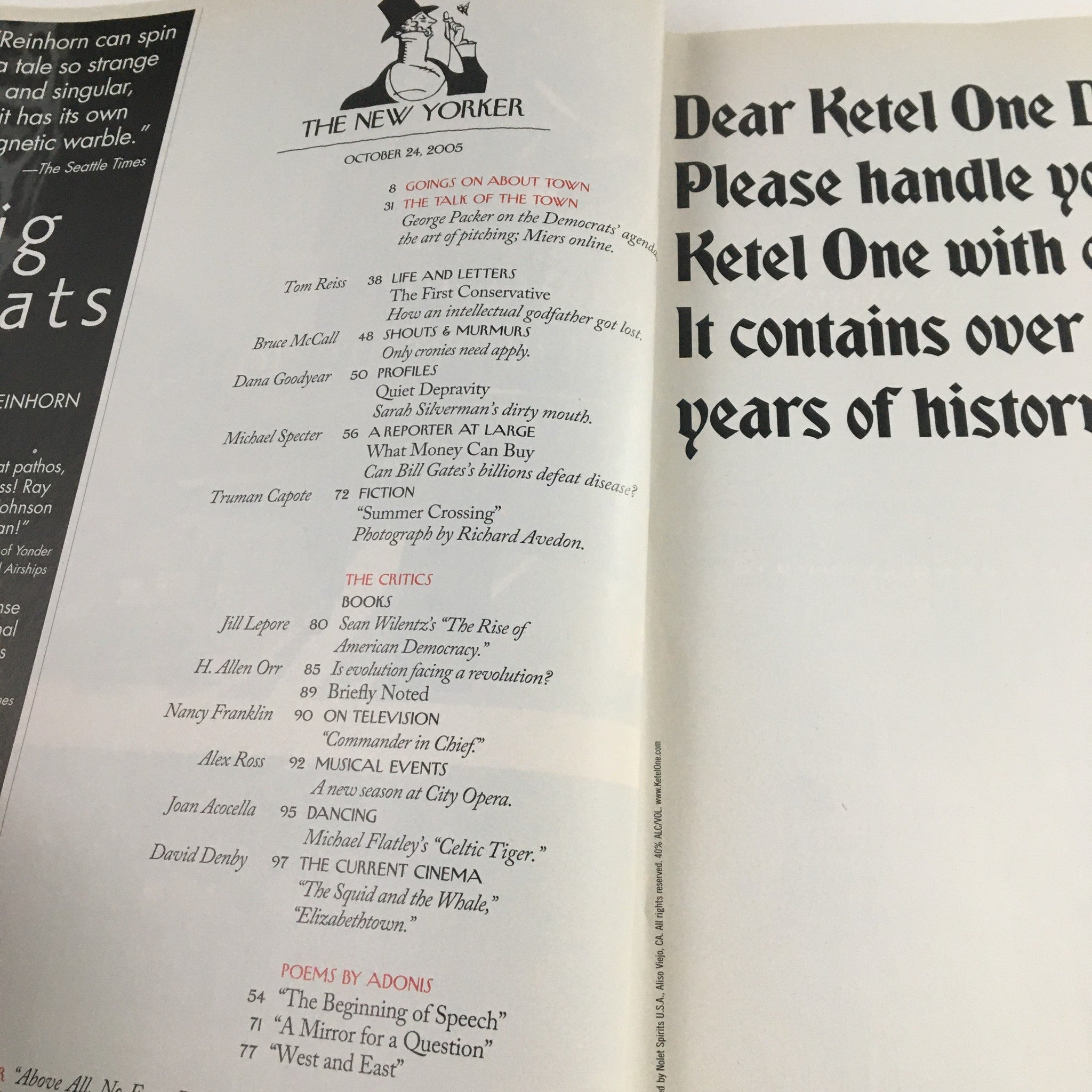 Inside page of The New Yorker October 24 2005 magazine featuring magazine contents and editorial notes, showcasing the title and theme cover by Jean-Jacques Sempé.