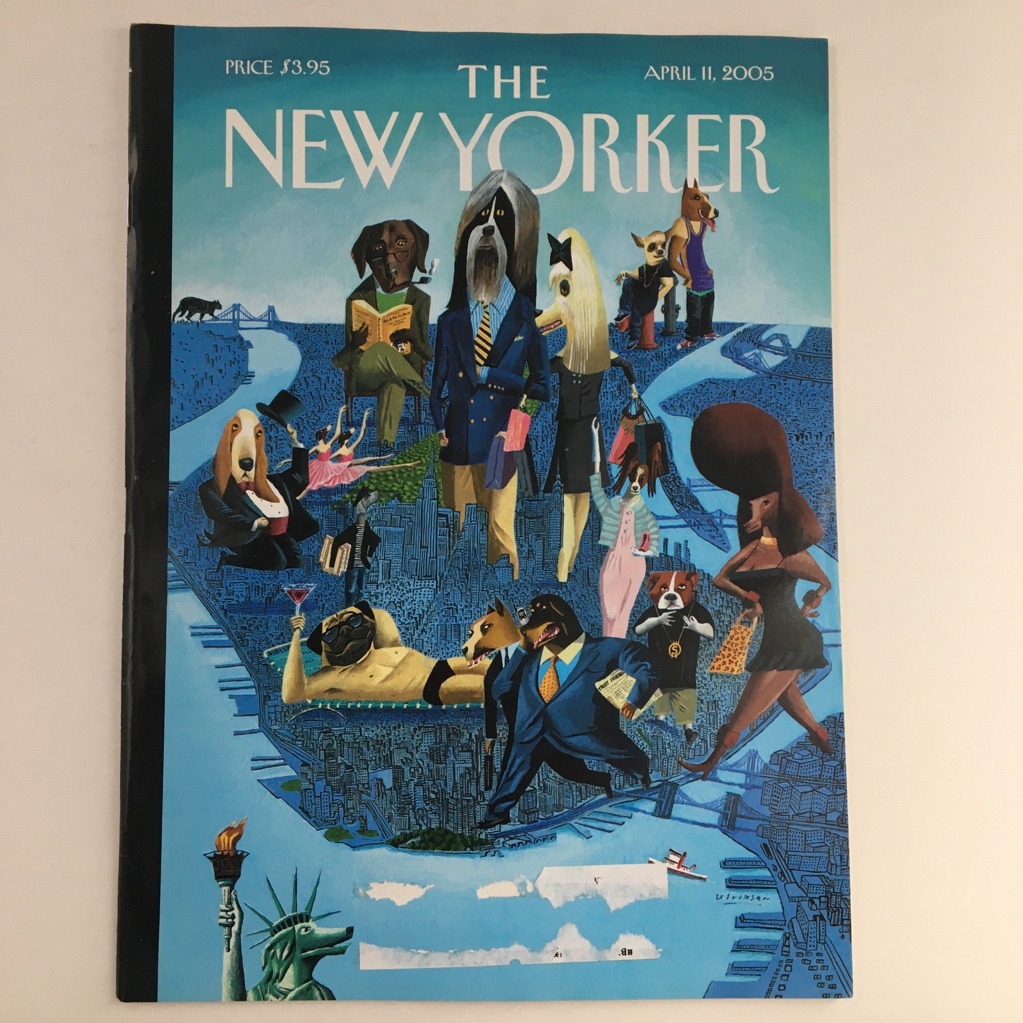 The New Yorker magazine cover from April 11, 2005, featuring the vibrant illustration "City of Dogs" by Mark Ulriksen, showcasing a whimsical urban scene with dogs and people.