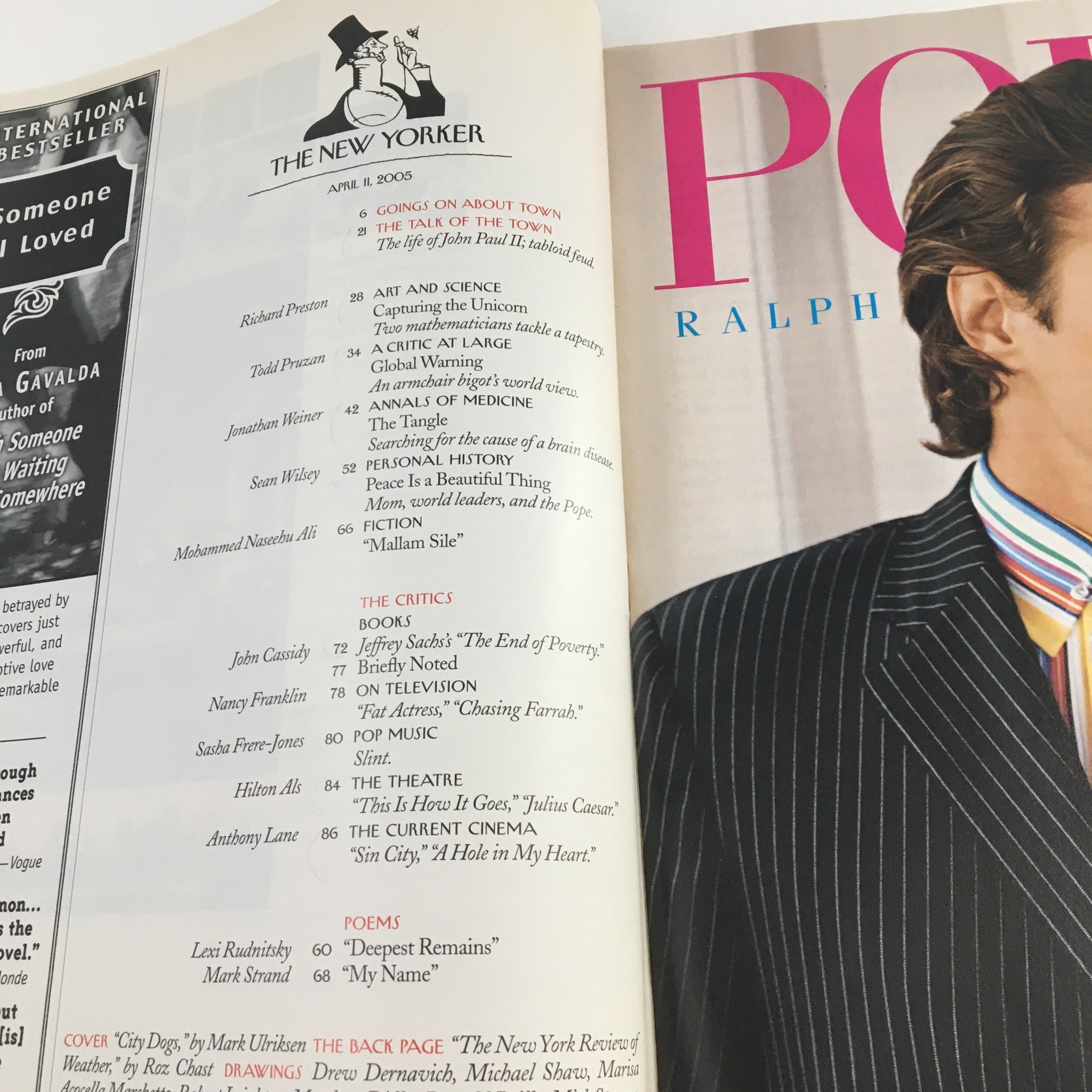 Contents page of The New Yorker Full Magazine April 11 2005 featuring articles, critics, and poems, showcasing the magazine's diversity in literary content.