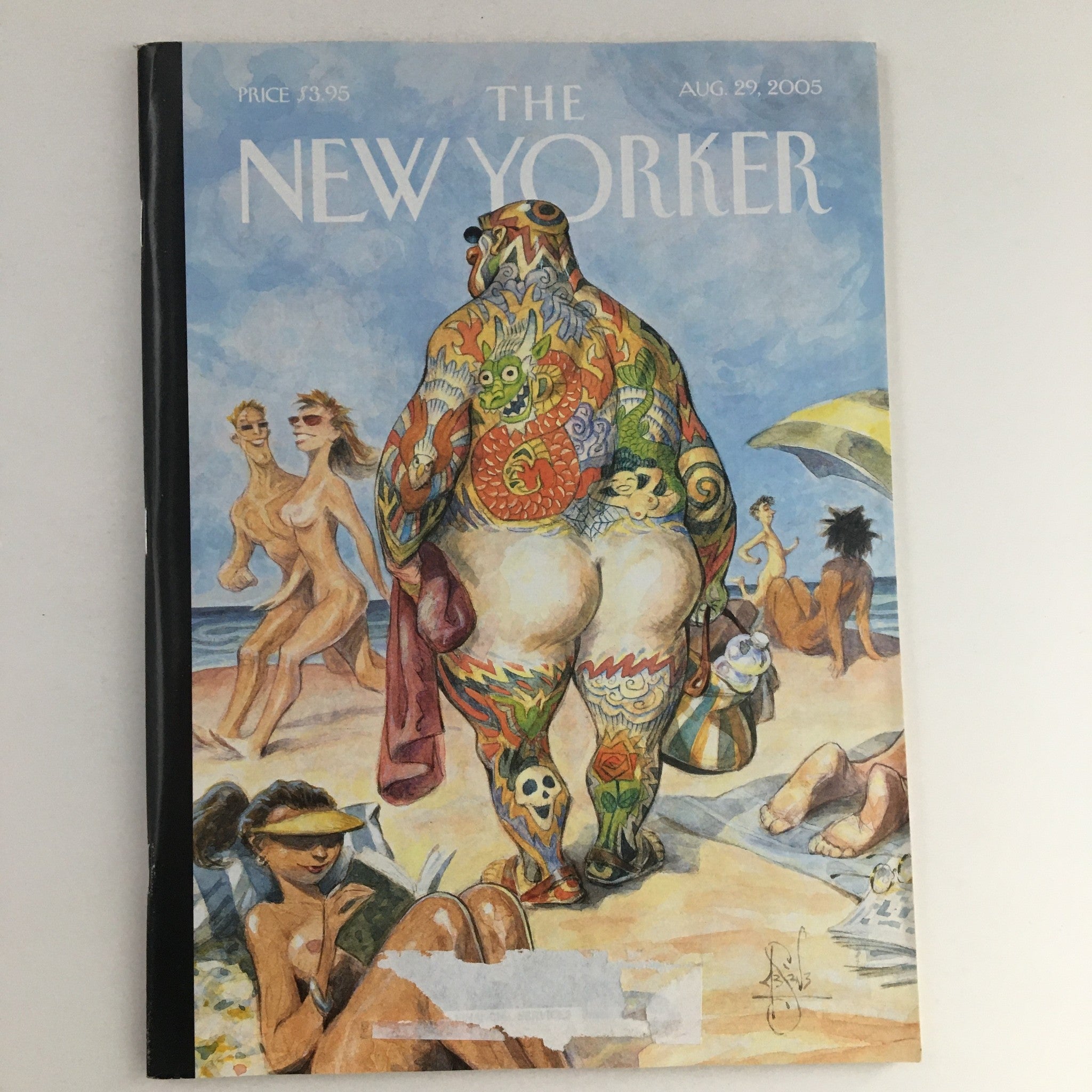 Cover of The New Yorker Full Magazine August 29, 2005, featuring the whimsical illustration 'Beach Bum' by Peter de Sève, showcasing a beach scene with a colorful, tattooed character.