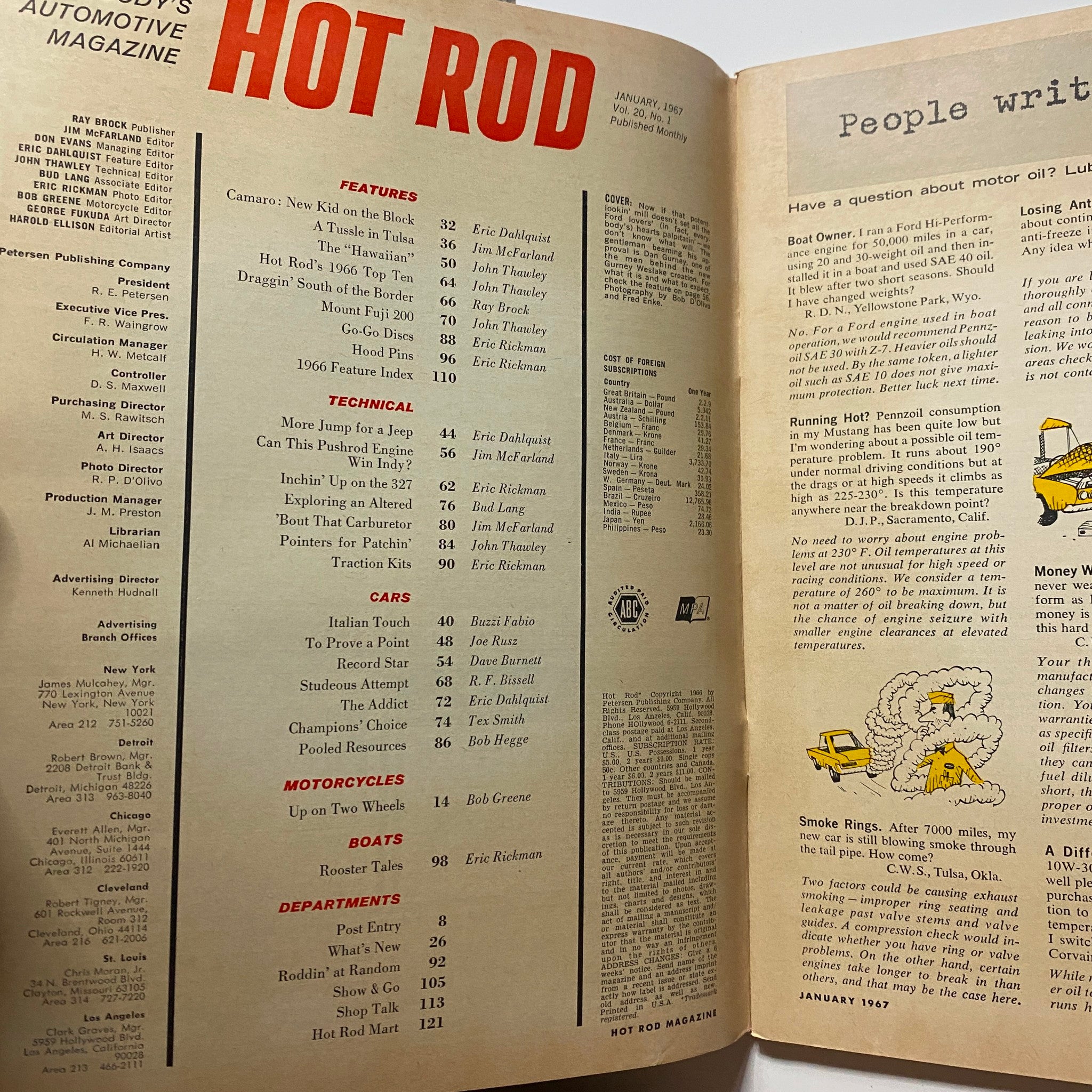 VTG Hot Rod Magazine January 1967 contents page detailing features and articles about automotive trends, including engine modifications and technical insights from the 1960s.