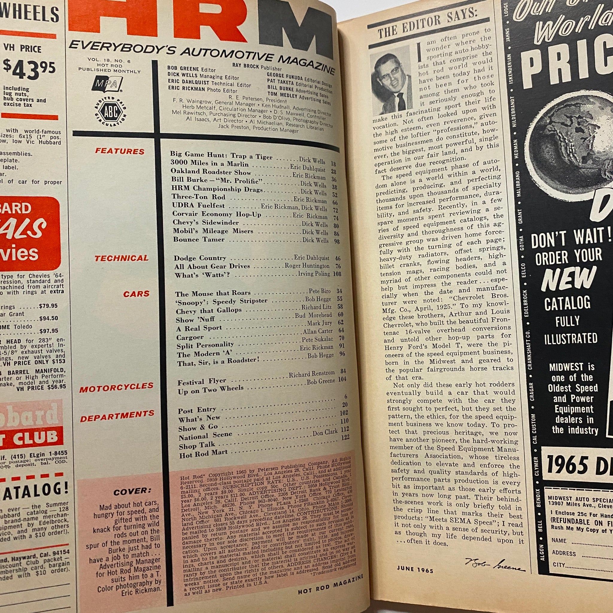 Inside page of VTG Hot Rod Magazine June 1965, displaying the contents and editorial notes about the featured automotive articles.
