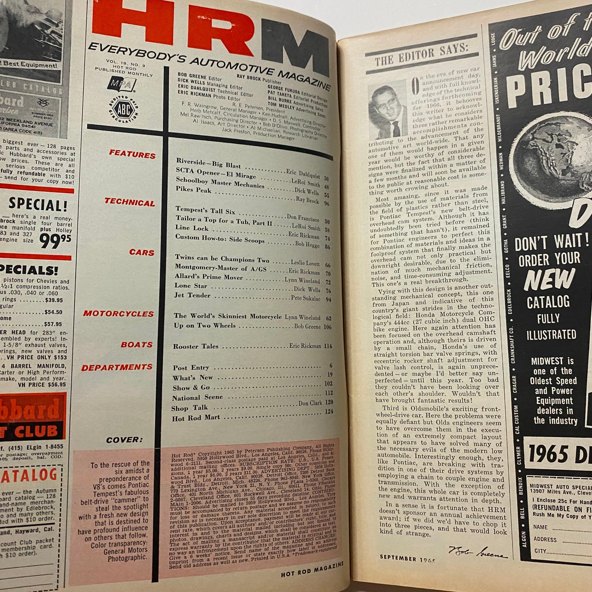 Inside page of VTG Hot Rod Magazine September 1965 revealing the editorial section and contents, highlighting articles on classic car engineering and features, including Tempest's Tall Six.