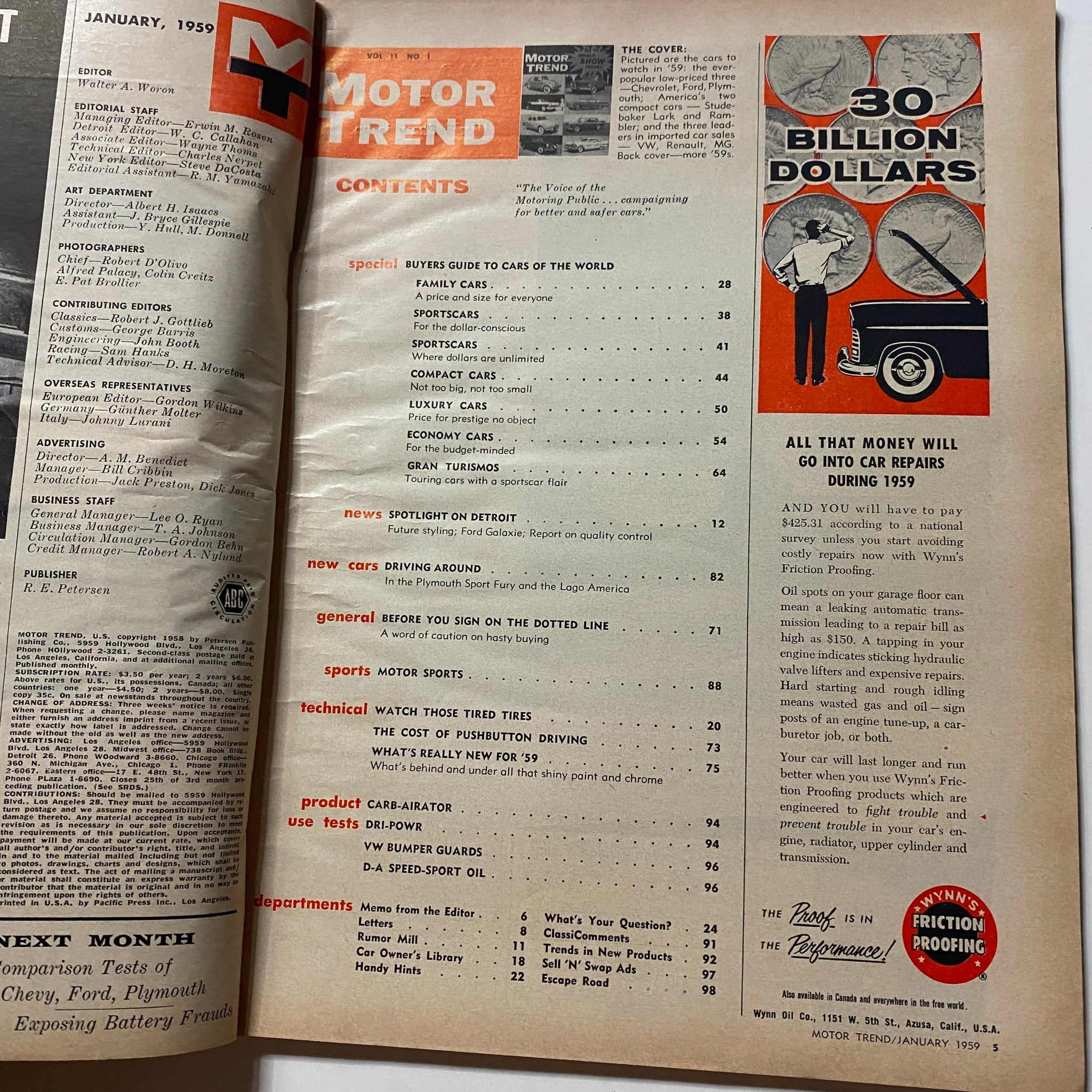 VTG Motor Trend Magazine January 1959 Spotlight on Detroit No Label