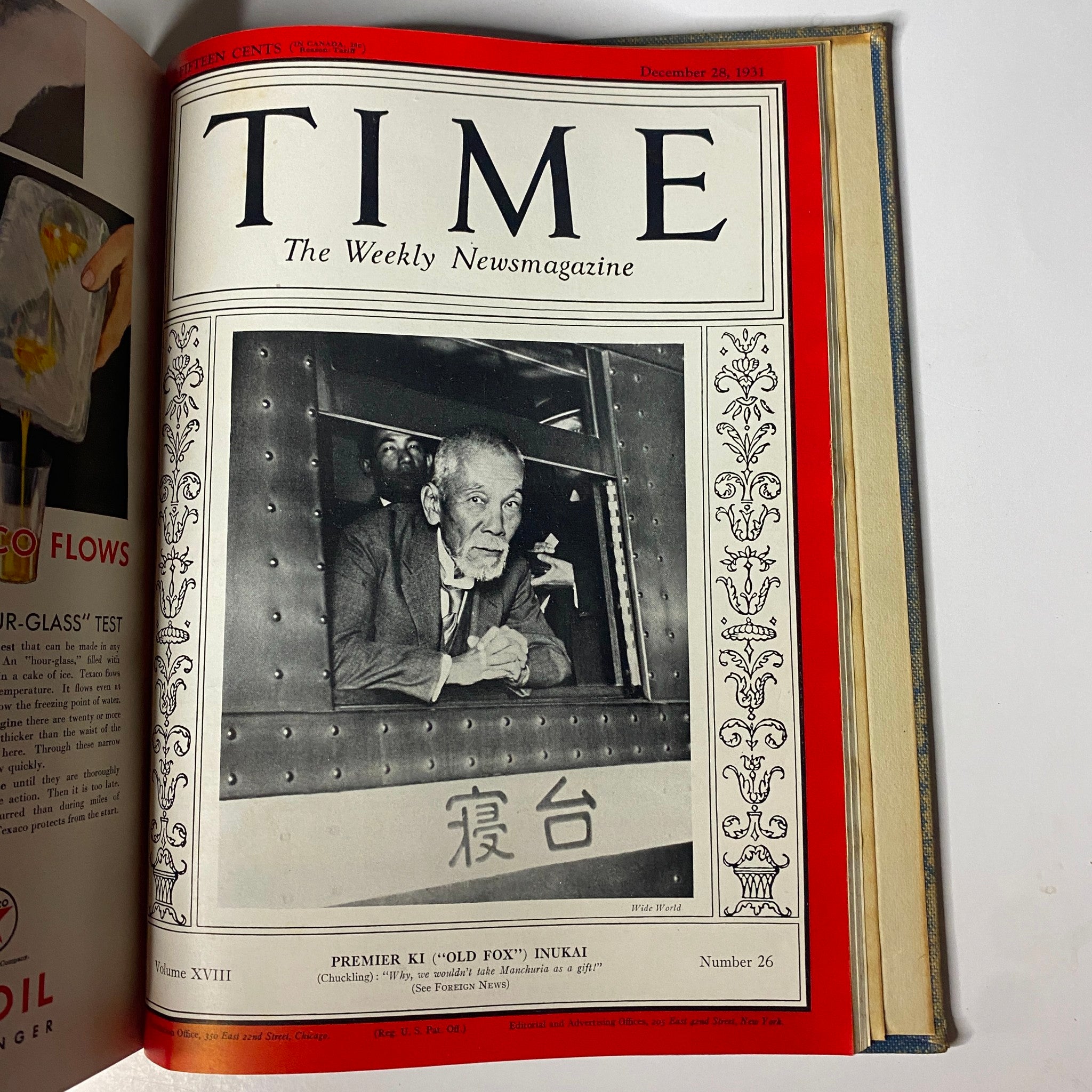 Cover of Time Magazine dated December 28, 1931, featuring Premier Ki 'Old Fox' Inukai, as part of Time Magazine Library Bound October 5-December 28, 1931.