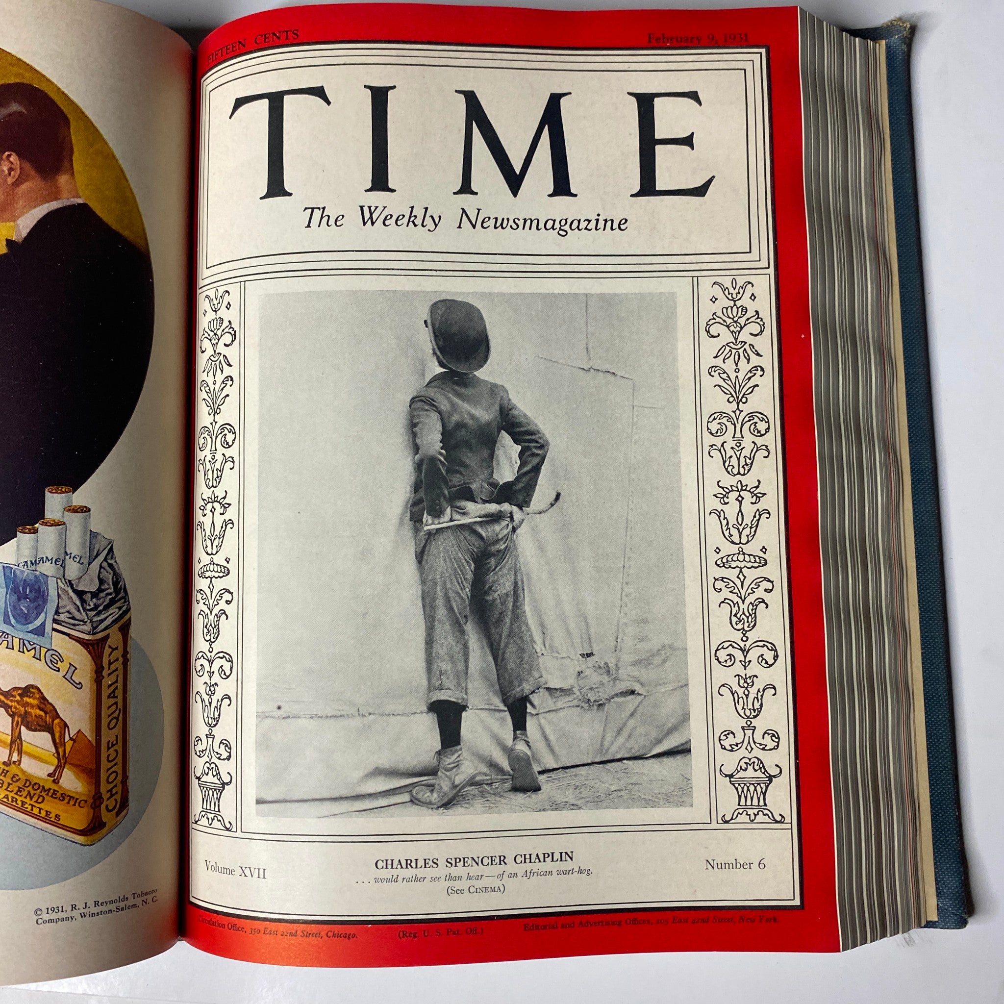 Inside cover of Time Magazine from February 9, 1931, highlighting Charles Spencer Chaplin.