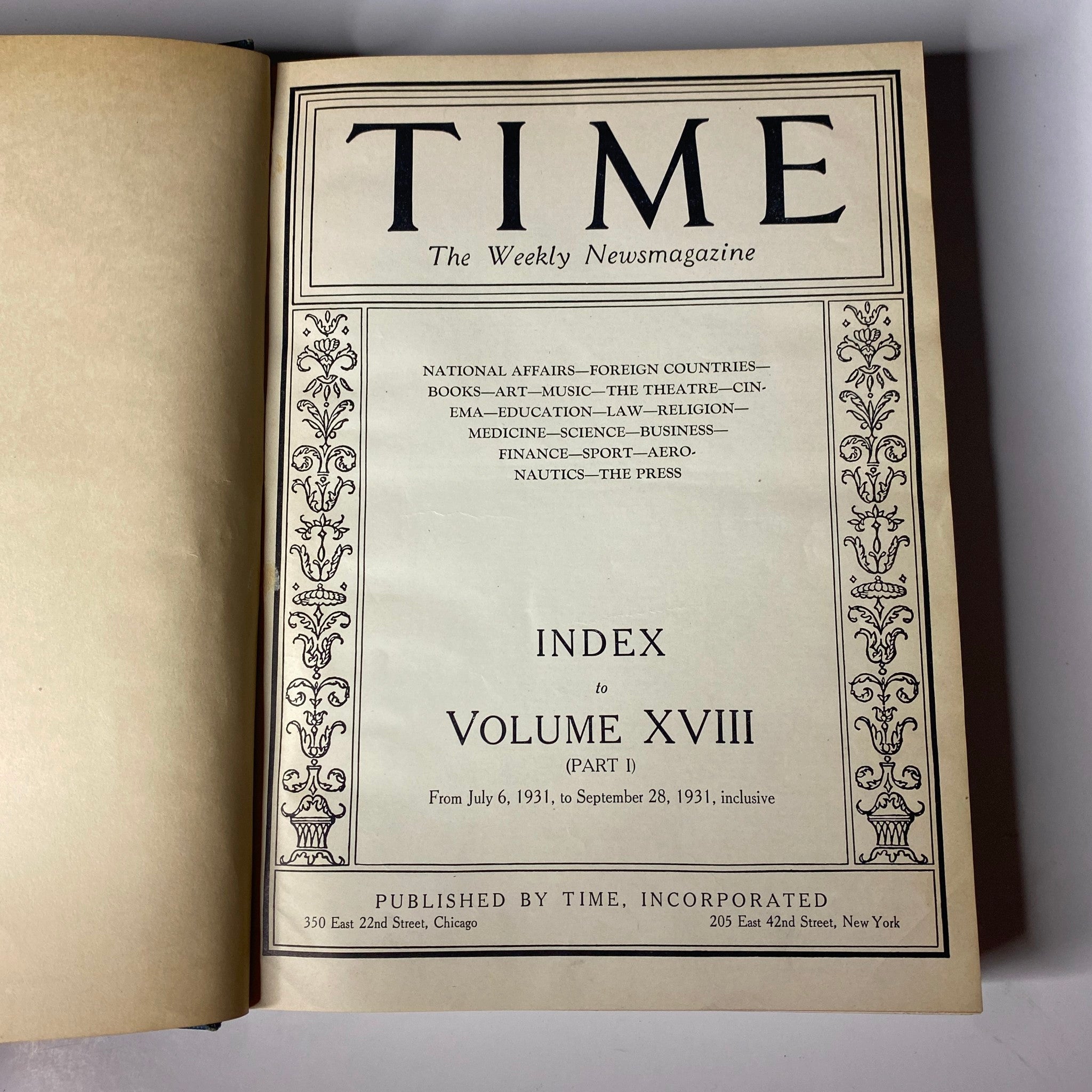 Index page of Time Magazine Library Bound July 6-September 28, 1931, detailing content organization and publication information.