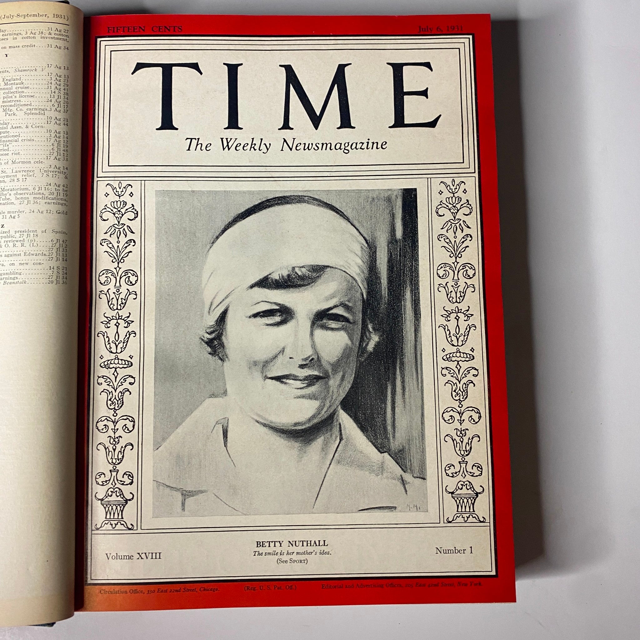 Cover of Time Magazine dated July 6, 1931, featuring an illustration of Betty Nuthall, part of the Time Magazine Library Bound from July 6 to September 28, 1931.